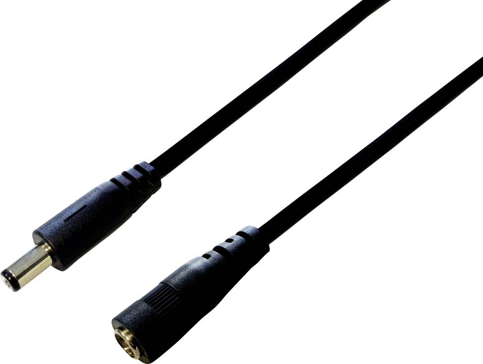Černý síťový kabel s konektory samec a samice, který se používá k propojení elektronických zařízení.