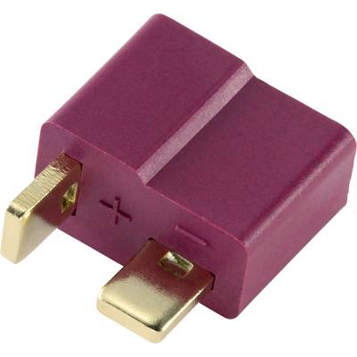 Červený elektrický adaptér se zlatými konektory, označený znaménky plus a minus pro indikaci polarity.