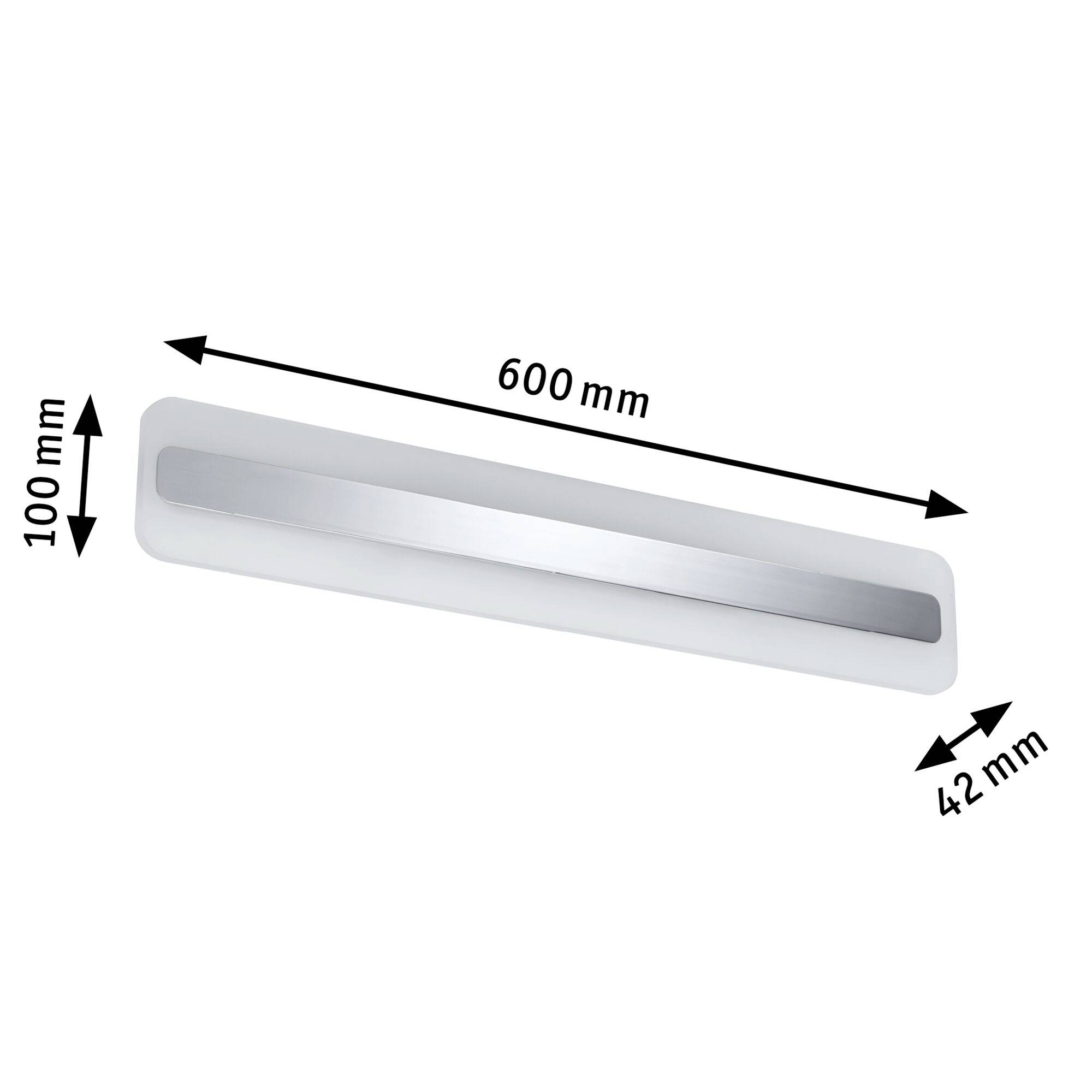 Obdélníkový větrací otvor o rozměrech 600 mm délky, 100 mm šířky a 42 mm výšky.