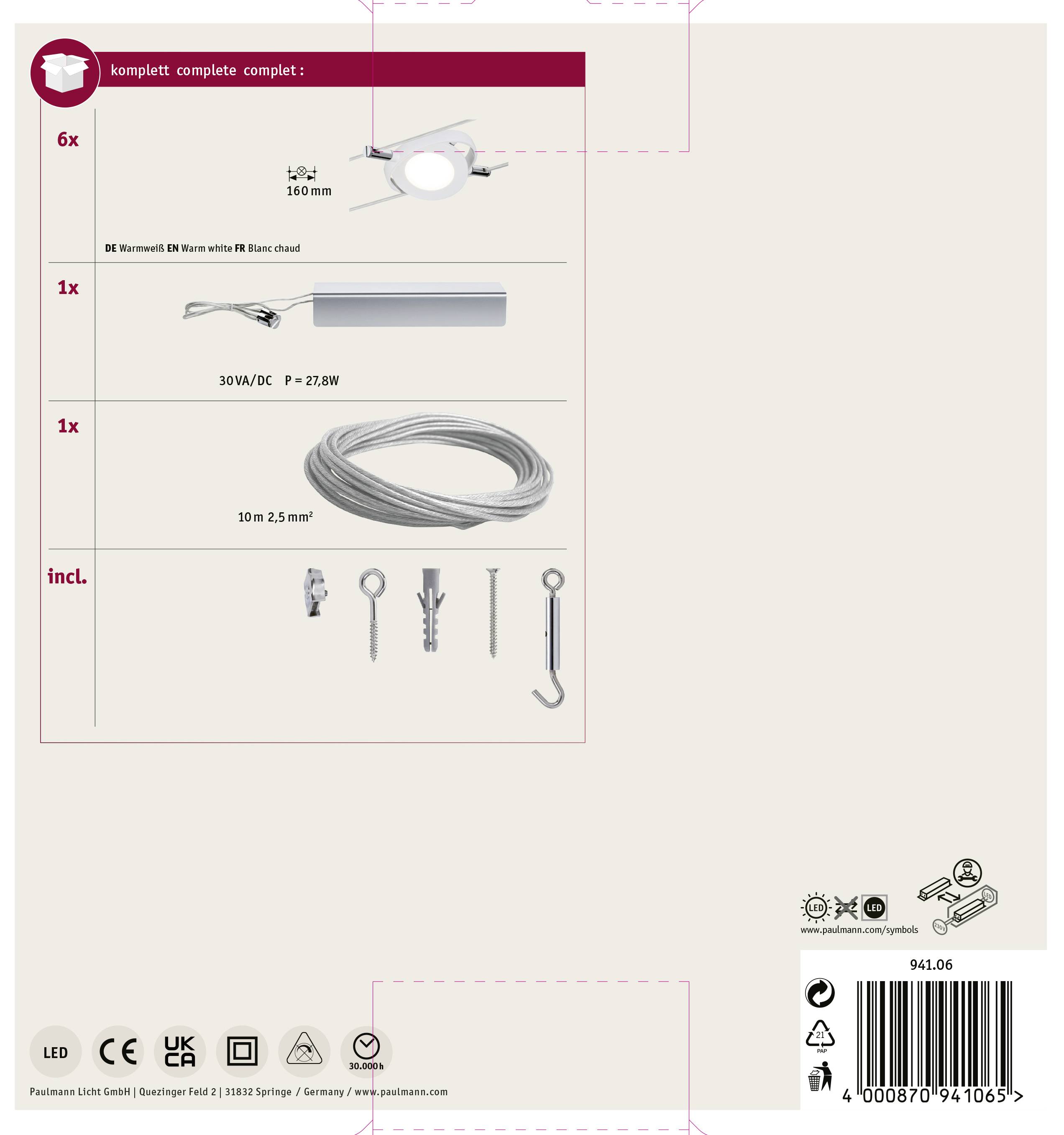 'Kompletní sada: 6 LED vestavných svítidel s bluetooth dálkovým ovládáním, 30W/12V napájecí zdroj (IP44), 10 m kabel, montážní materiál včetně.'