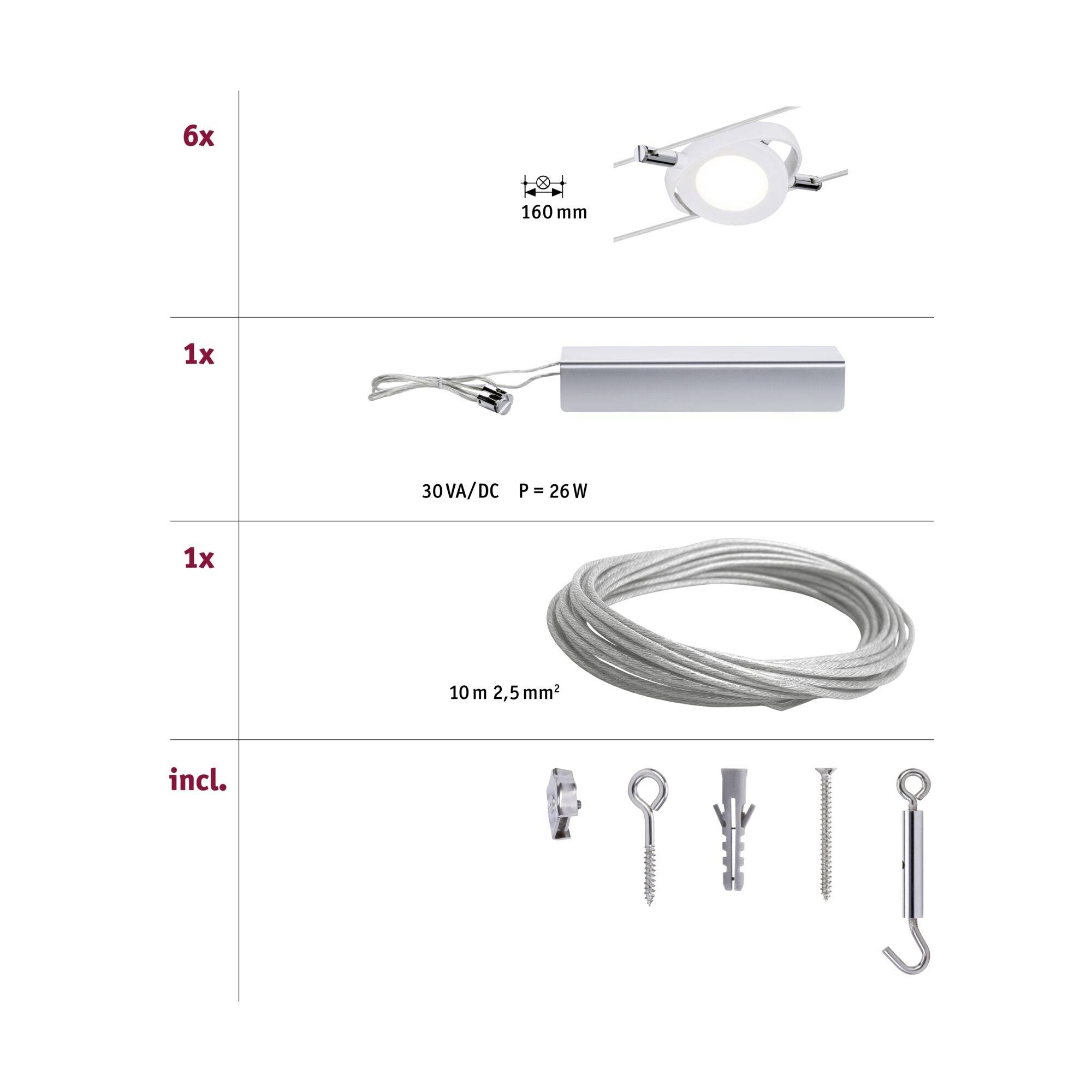 Sada obsahuje: 6x vestavné svítidlo Ø 160 mm, 1x transformátor (30VA/DC, 26W), 1x 10 m kabel (2,5 mm²), včetně upevňovacího materiálu.