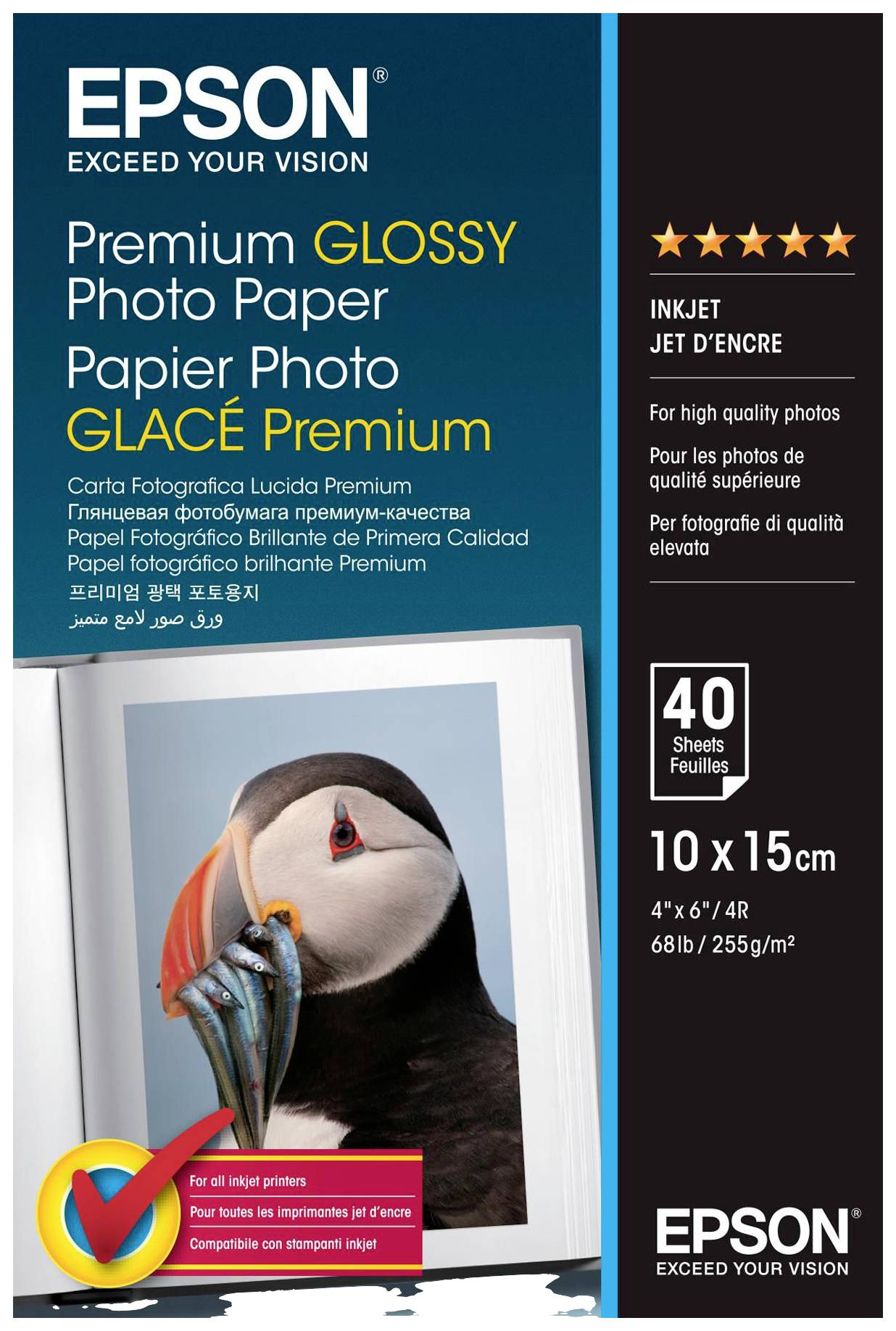 Obal na fotografický papír Epson: Prémiový lesklý, 40 listů, 10x15 cm, vhodný pro inkoustové tiskárny. Obrázek papouščího rybáka.