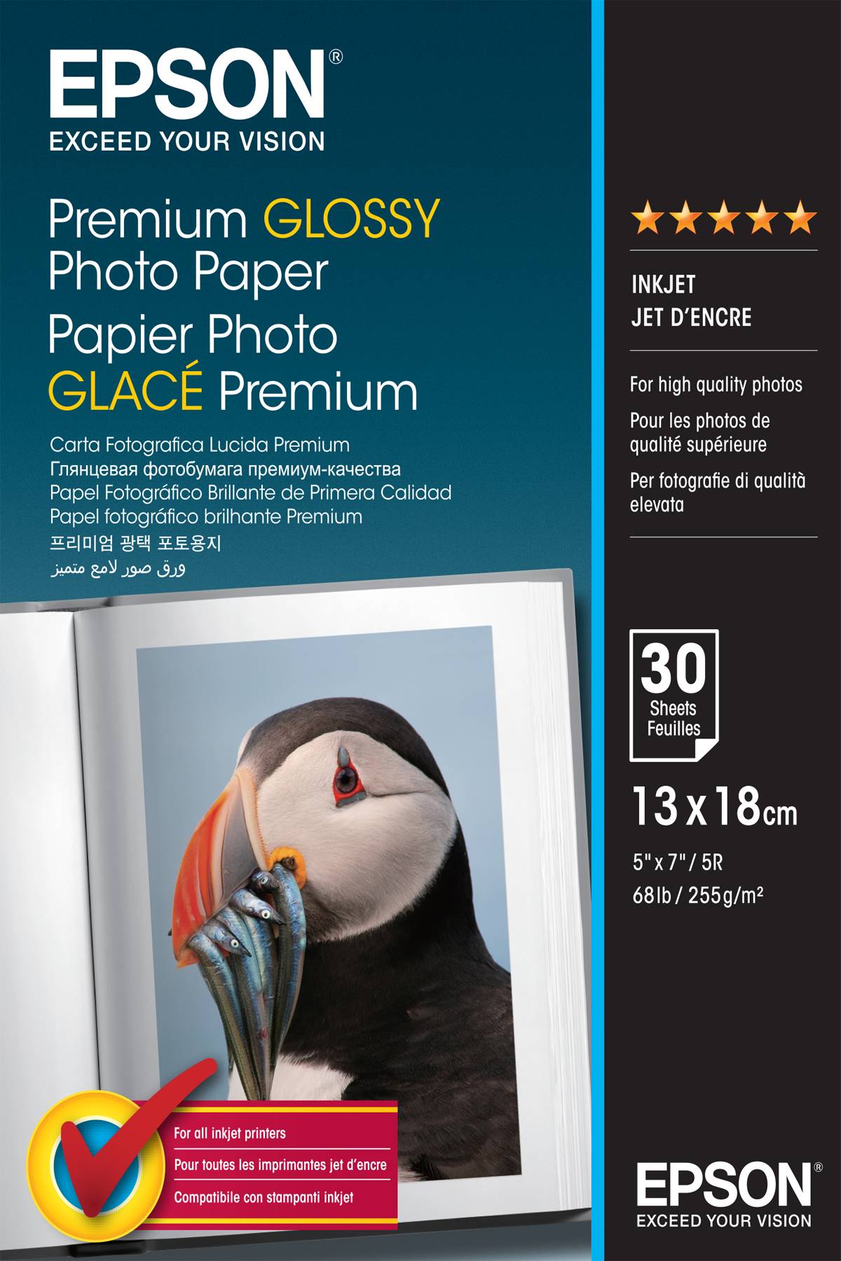 Fotografický papír EPSON Premium Glossy ve fotografickém balení s obrázkem papuchalka. Obsahuje 30 listů, velikost 13x18 cm, vhodný pro tiskárny inkoustového tisku.