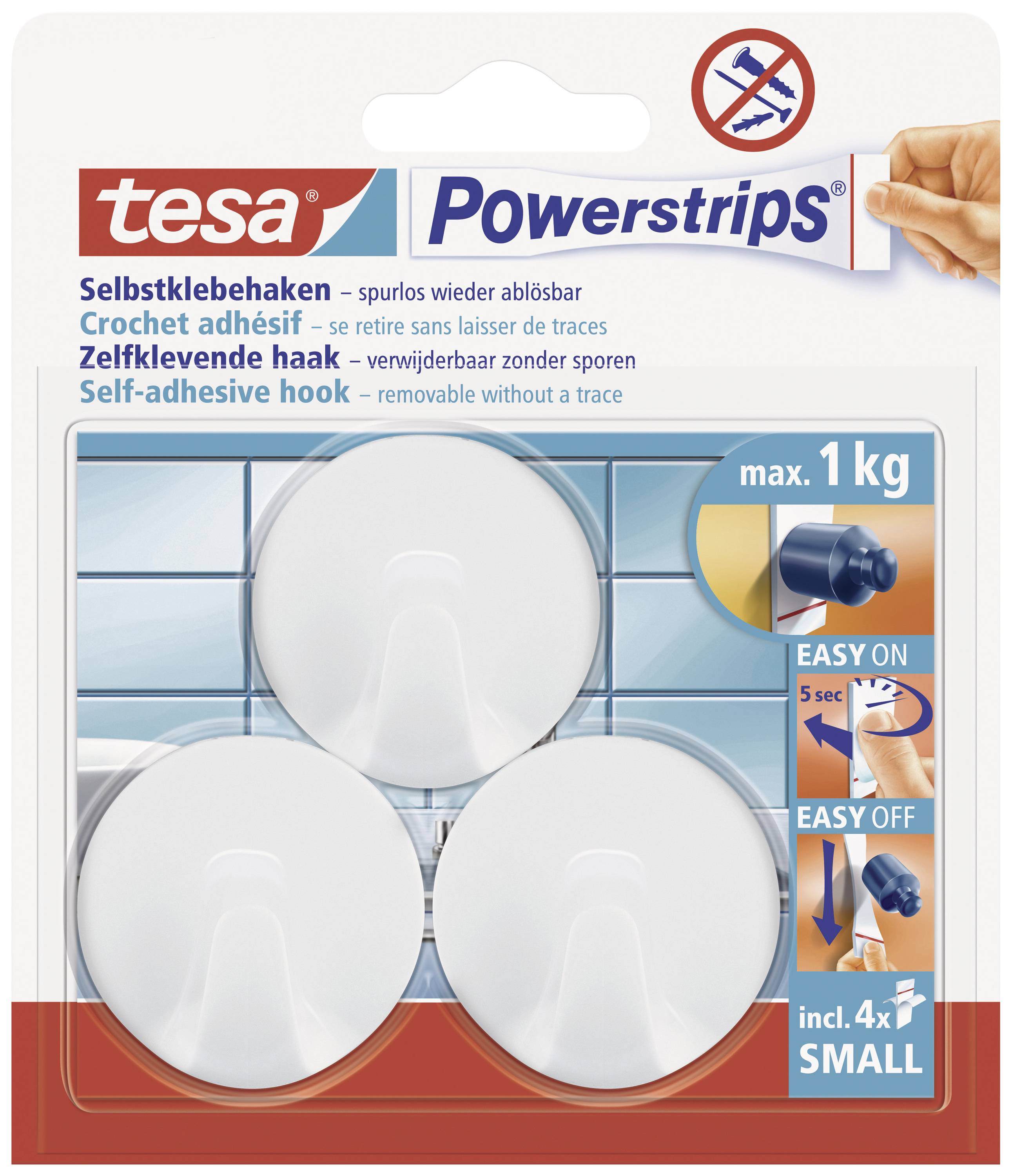 Balení tří samolepicích háčků od Tesy pro hladké povrchy, zatížitelné až 1 kg, snadno připevnitelné a odnímatelné.