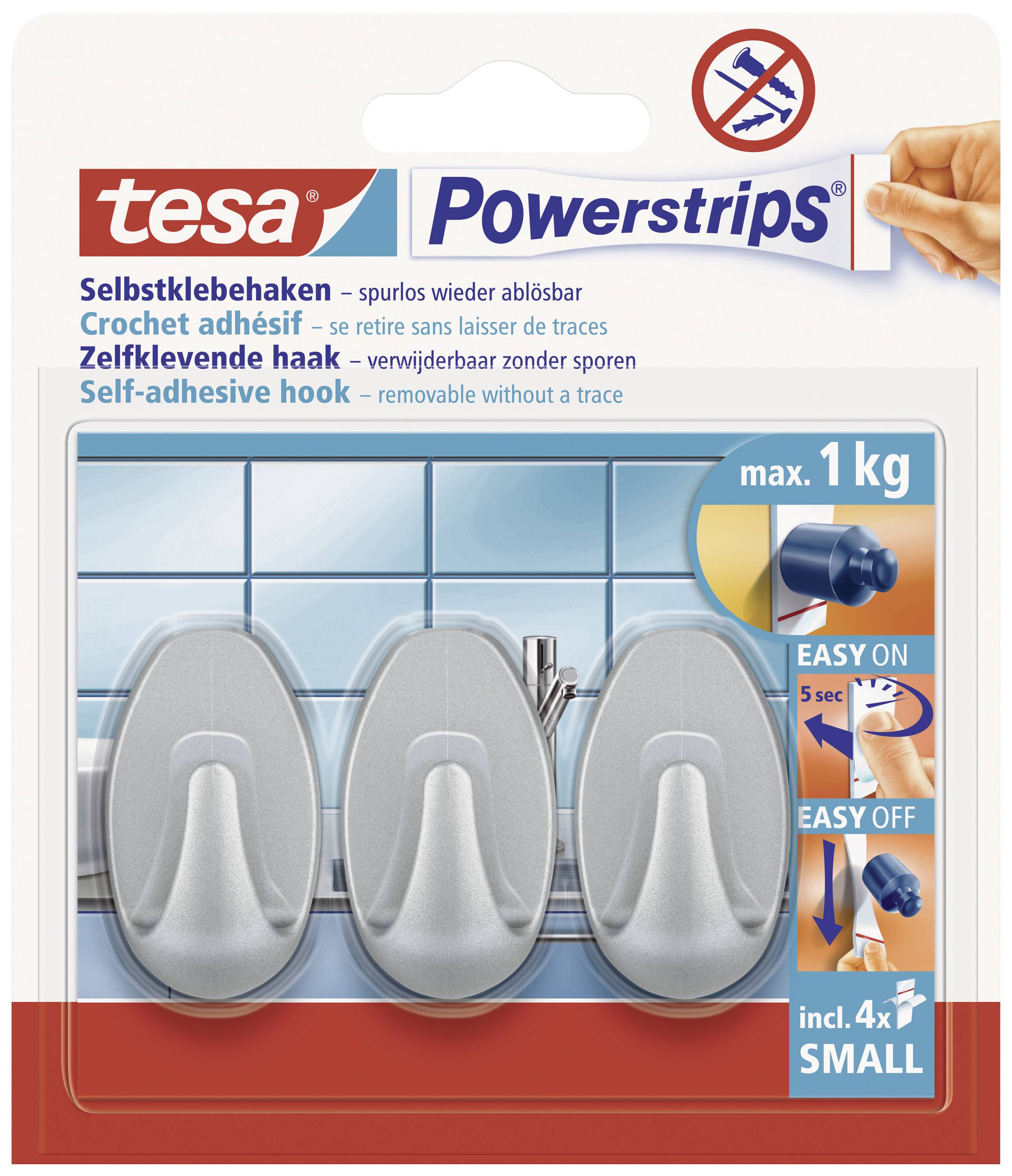 Produktový obal 'tesa Powerstrips' se třemi samolepicími háčky, vhodný pro zavěšení předmětů do 1 kg. Obsahuje návod k snadné aplikaci.