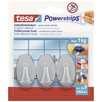 Produktový obal 'tesa Powerstrips' se třemi samolepicími háčky, vhodný pro zavěšení předmětů do 1 kg. Obsahuje návod k snadné aplikaci.