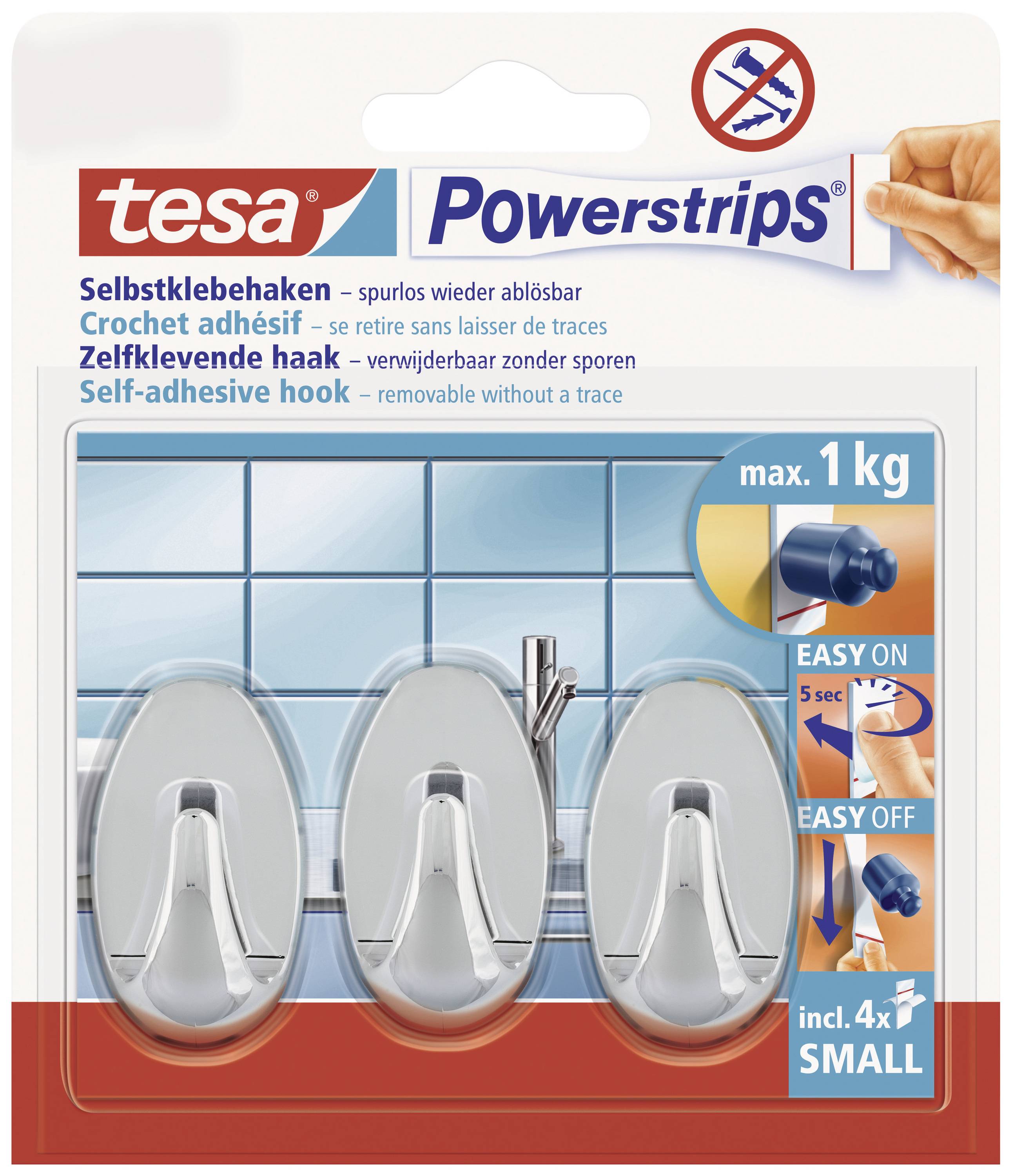 Balení samolepicích háčků 'Powerstrips' značky tesa. Obsahuje tři háčky, které udrží až 1 kg a lze je snadno připevnit a odstranit.