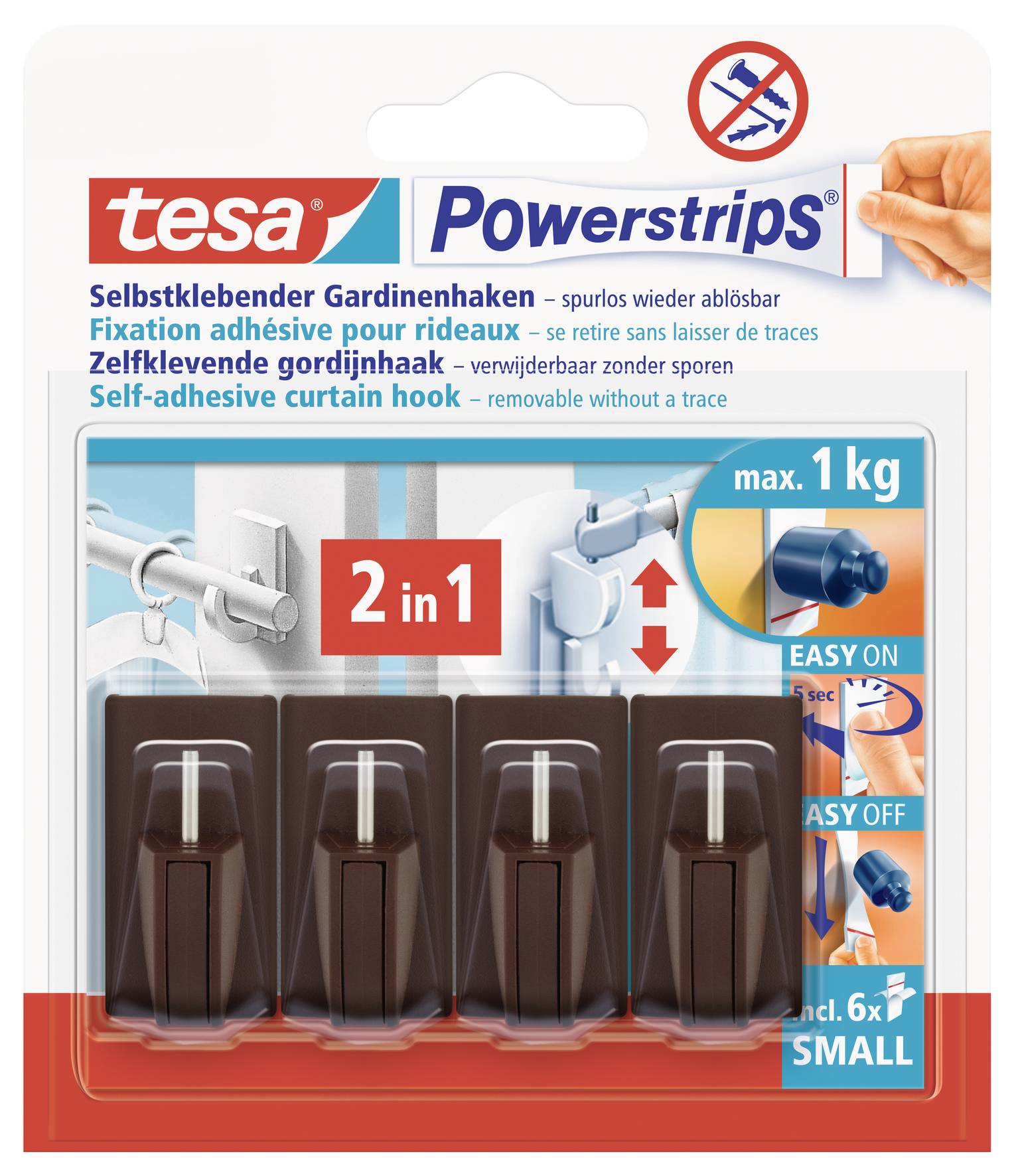 Balení Tesa Powerstrips háčků na záclony, 2v1, samolepicí, pro max. 1 kg, snadno se aplikují a odstraňují.