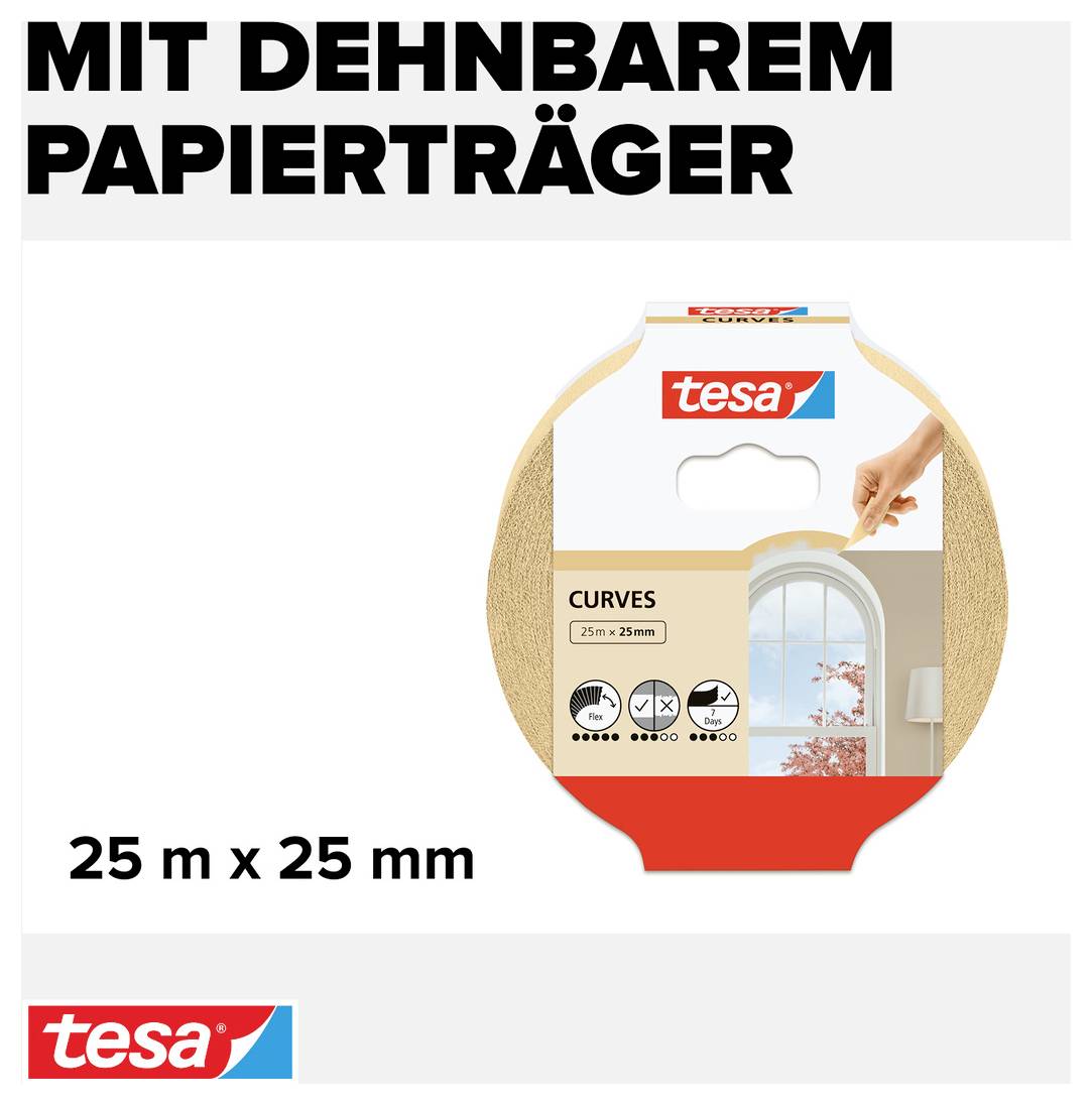 'Produktová ilustrace role lepicí pásky Tesa pro zakřivené povrchy, 25m x 25mm, s roztažitelným papírovým nosičem.'