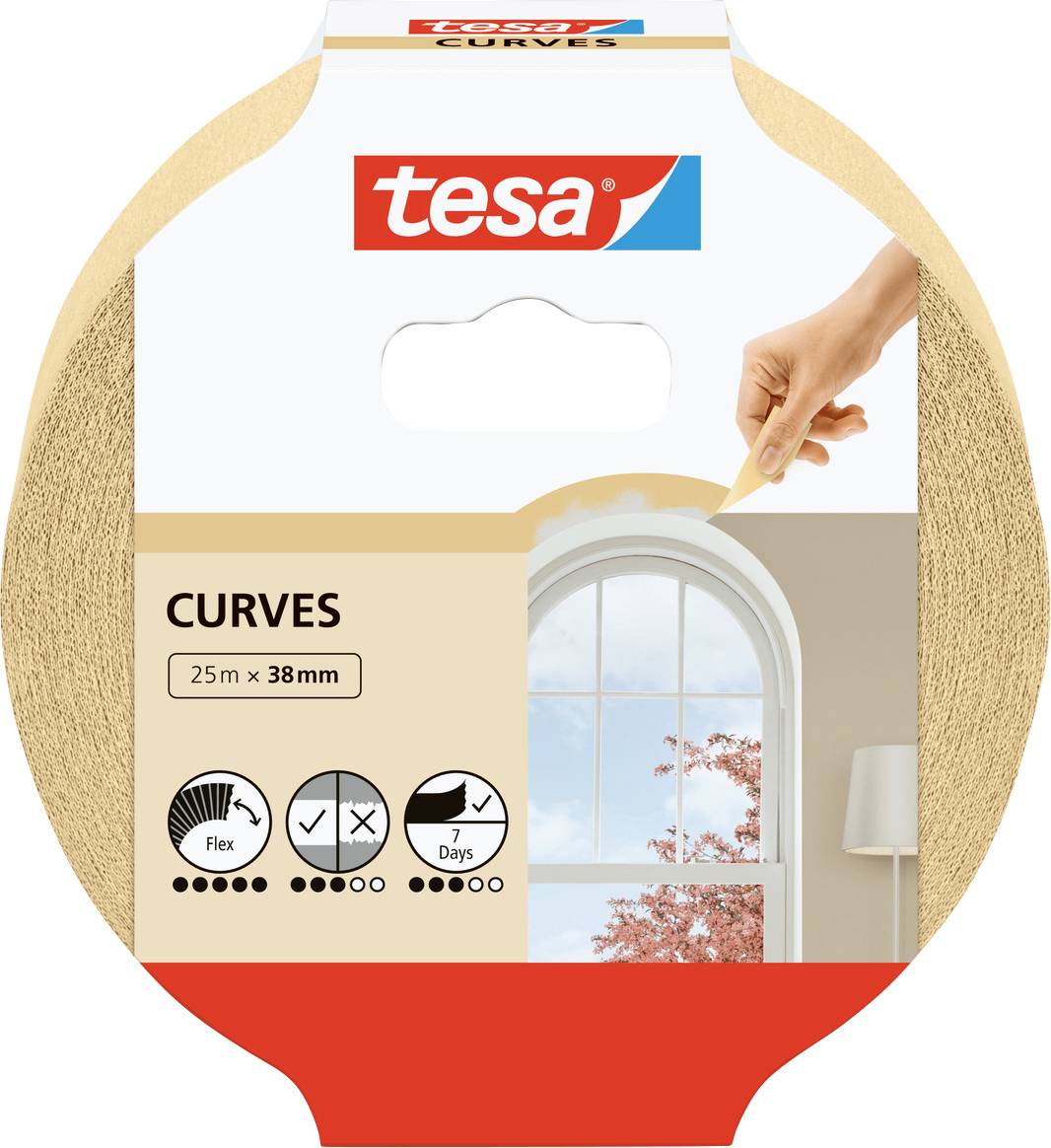Balení malířské pásky Tesa pro zakřivené plochy, velikost 25m x 38mm. Zobrazuje obloukové okno s růžovými listy venku. Text: 'Flex', '7 dní'.