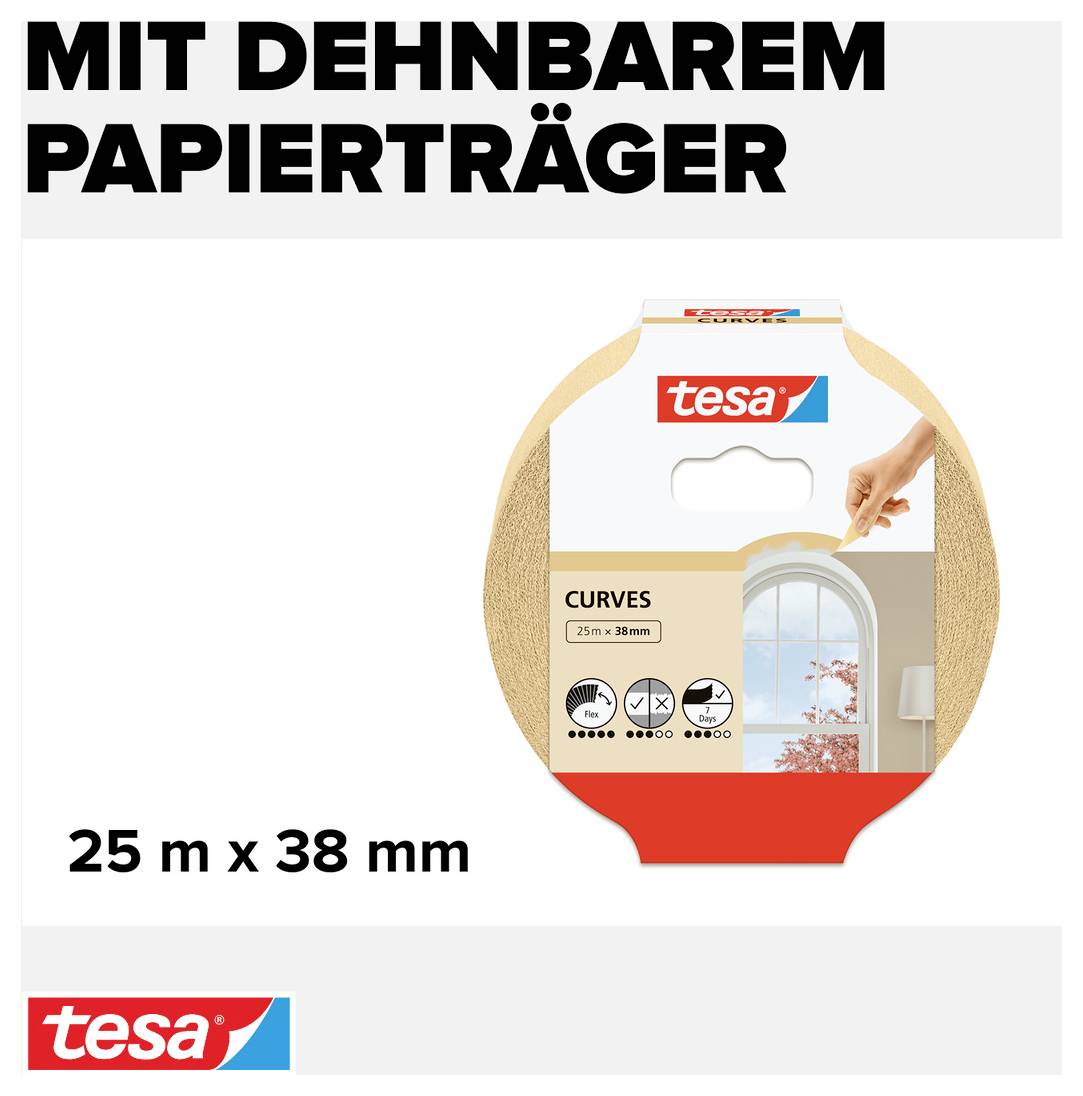 Balení Tesa zakřiveného lepicího pásku 25 m x 38 mm, ideální pro zaoblené povrchy. S roztažitelným papírovým nosičem.