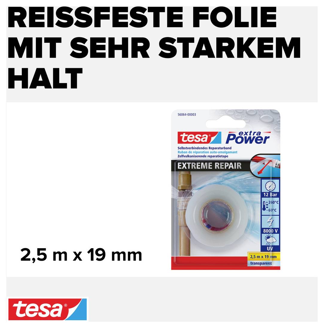 Obal extra silné opravné pásky značky tesa, 2,5 m x 19 mm, pro extrémní přilnavost a robustní použití.