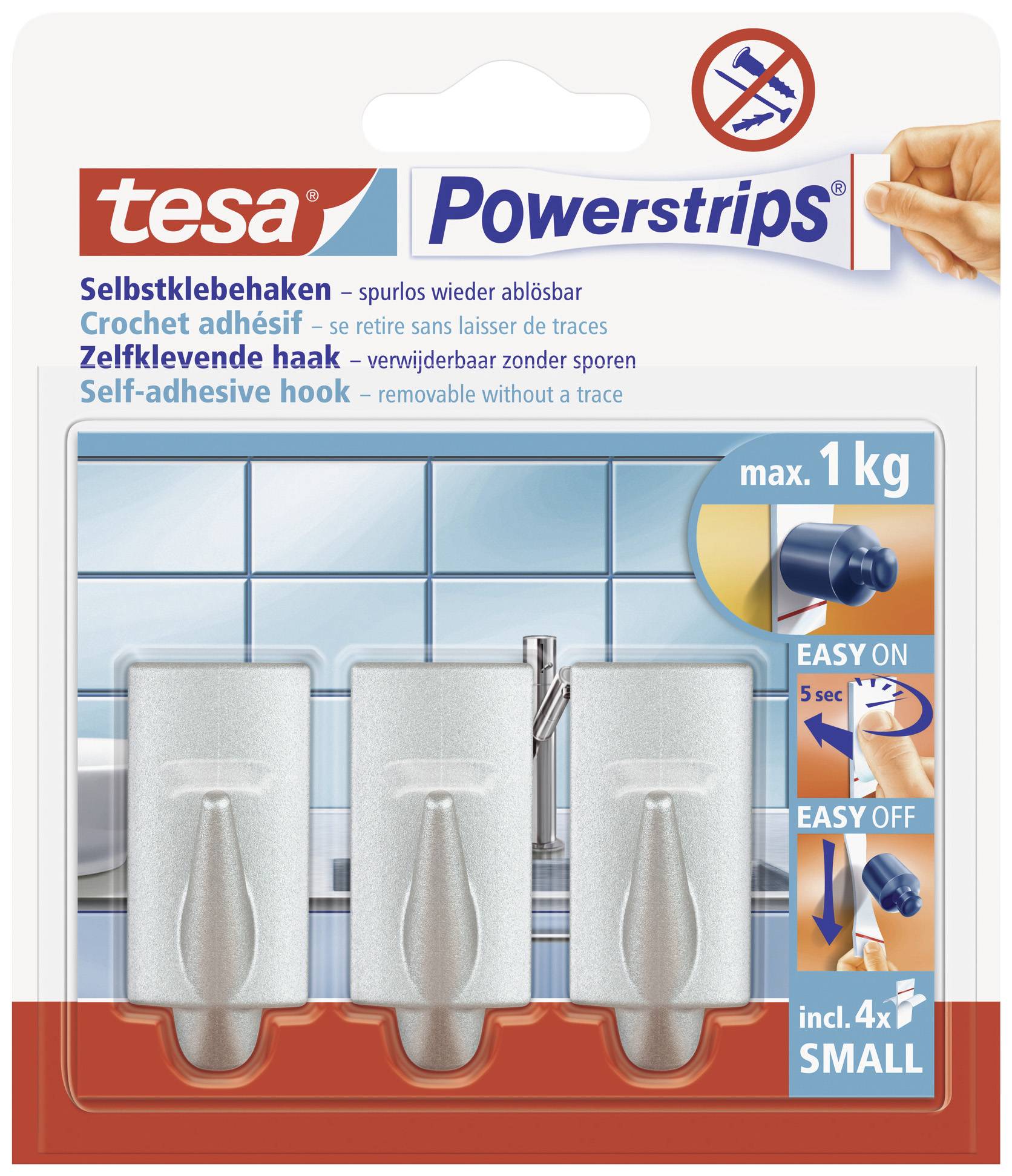Balení tesa Powerstrips, 4 malé samolepicí háčky pro hladké povrchy. Nosnost až 1 kg. Snadná montáž a demontáž.