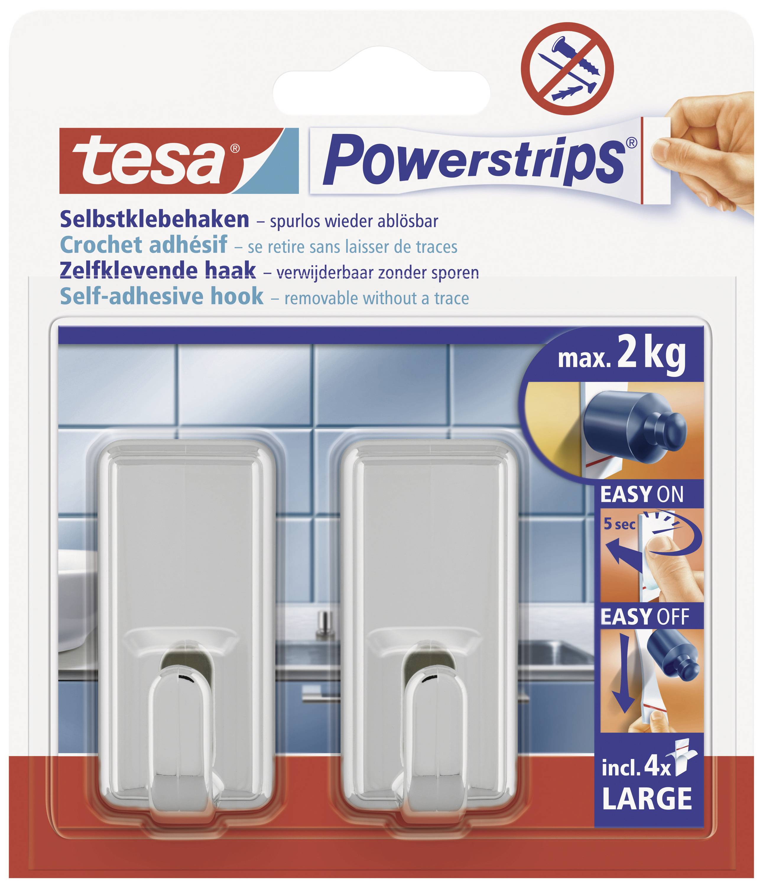 Samolepicí háčky "tesa Powerstrips", které udrží až 2 kg, jsou snadno nalepitelné a odstranitelné, ideální pro obklady.