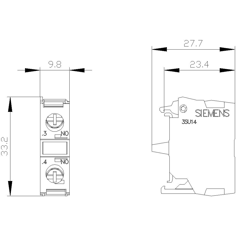 Technický výkres spínače Siemens, model 3SU14. Rozměry: výška 33,2 mm, šířka 9,8 mm, hloubka 27,7 mm.