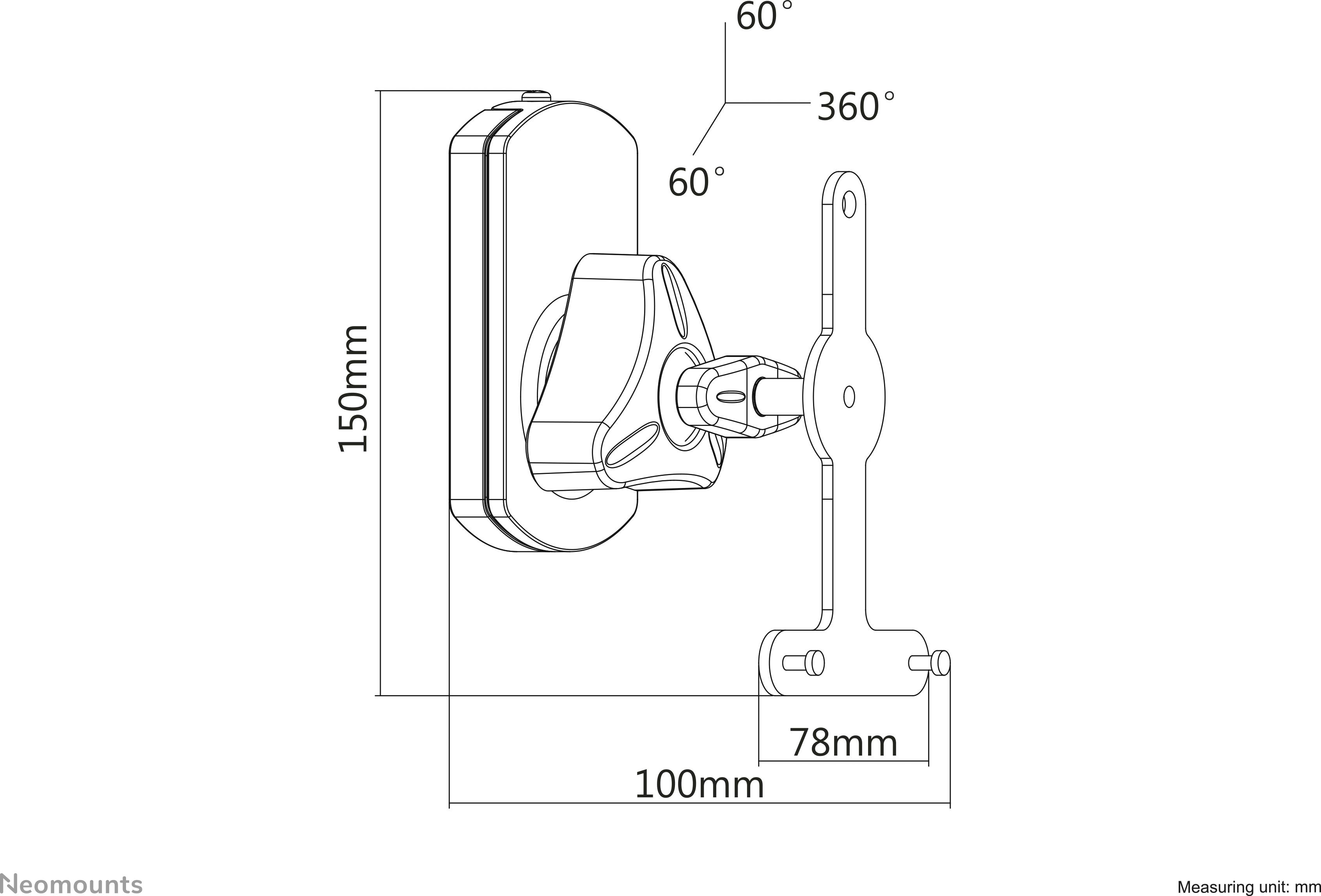 Technický výkres nástěnného držáku: rozměry 150 mm x 100 mm; úhel otočení 360°, úhel náklonu 60°; měřeno v mm.