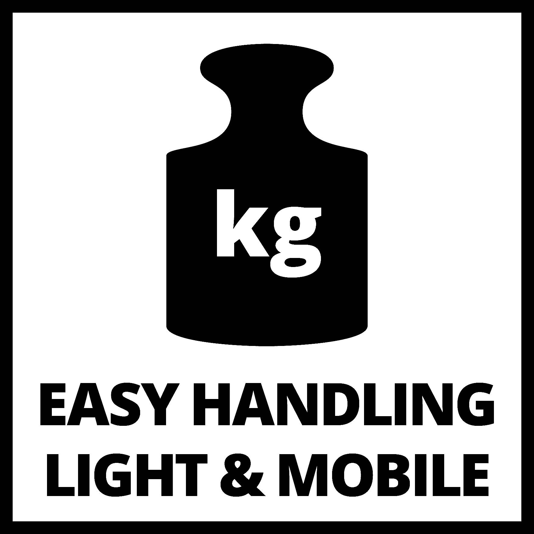 Černý symbol váhy s označením kg, pod ním text: SNADNÁ MANIPULACE, LEHKÉ A MOBILNÍ.