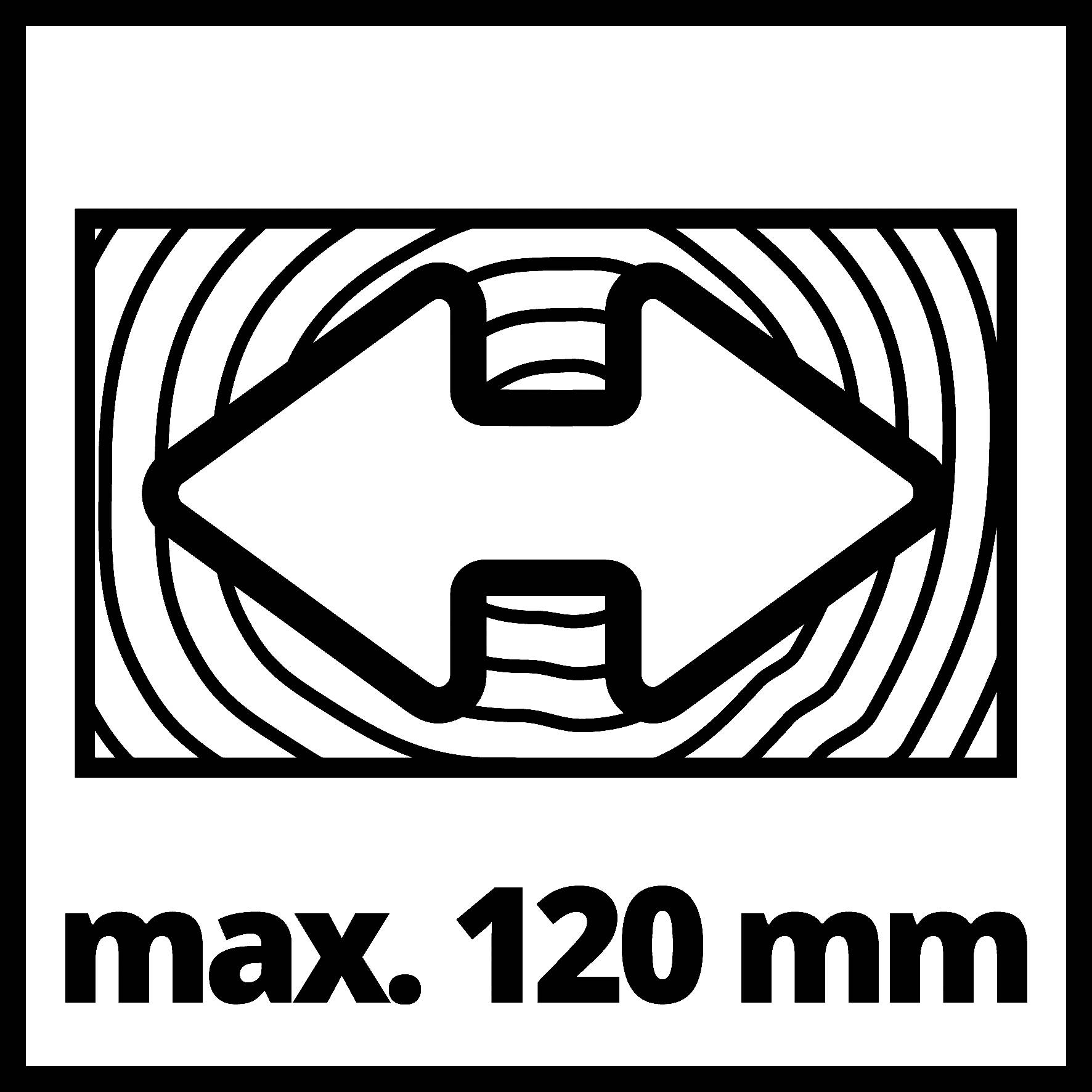 "Maximální šířka řezu 120 mm" zobrazuje symbol s dvojitou šipkou, který ukazuje maximální šířku pro řez.
