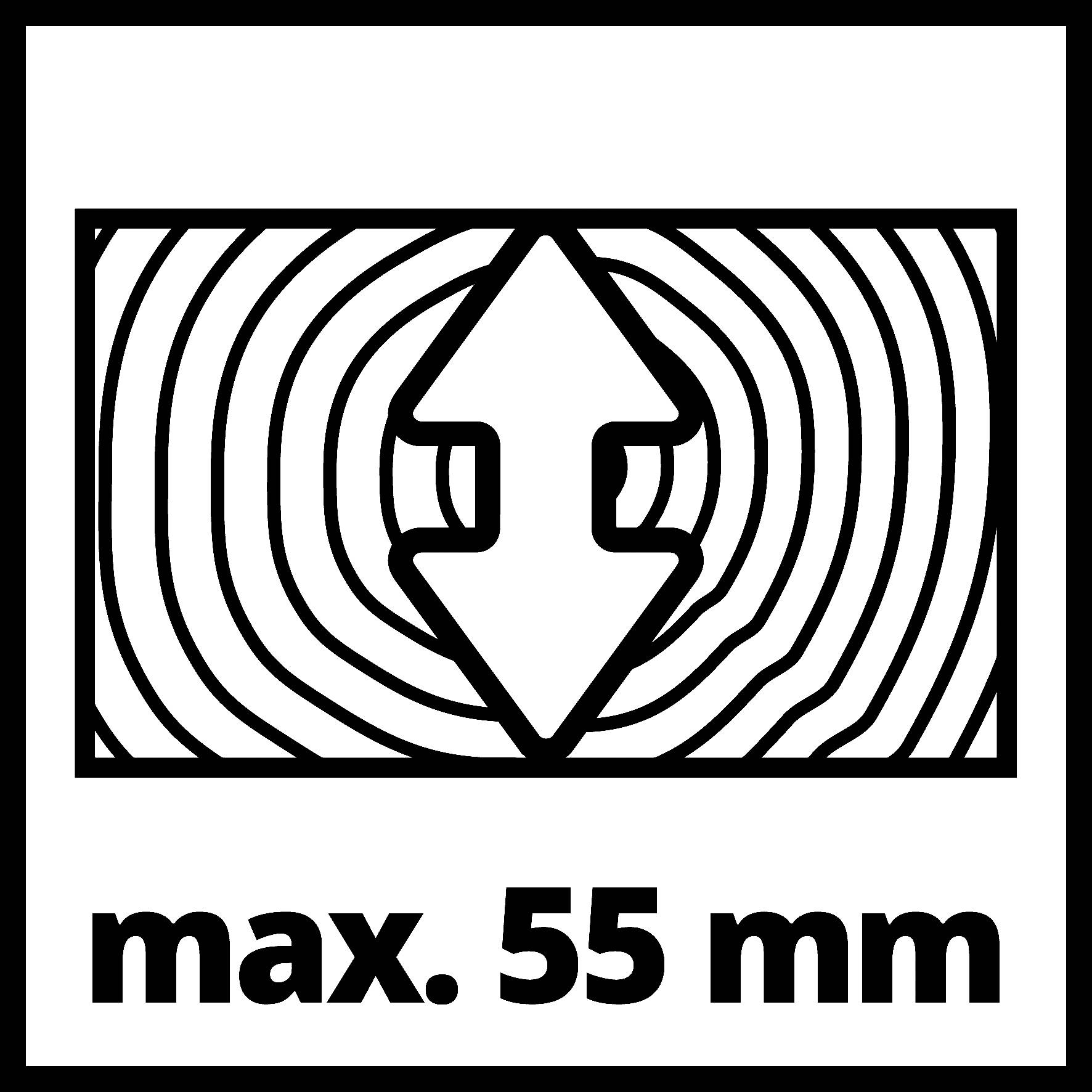 'Max. 55 mm' Symbol se dvěma protisměrnými šipkami uprostřed. Pozadí zobrazuje kruhové linie připomínající dřevní kresbu.