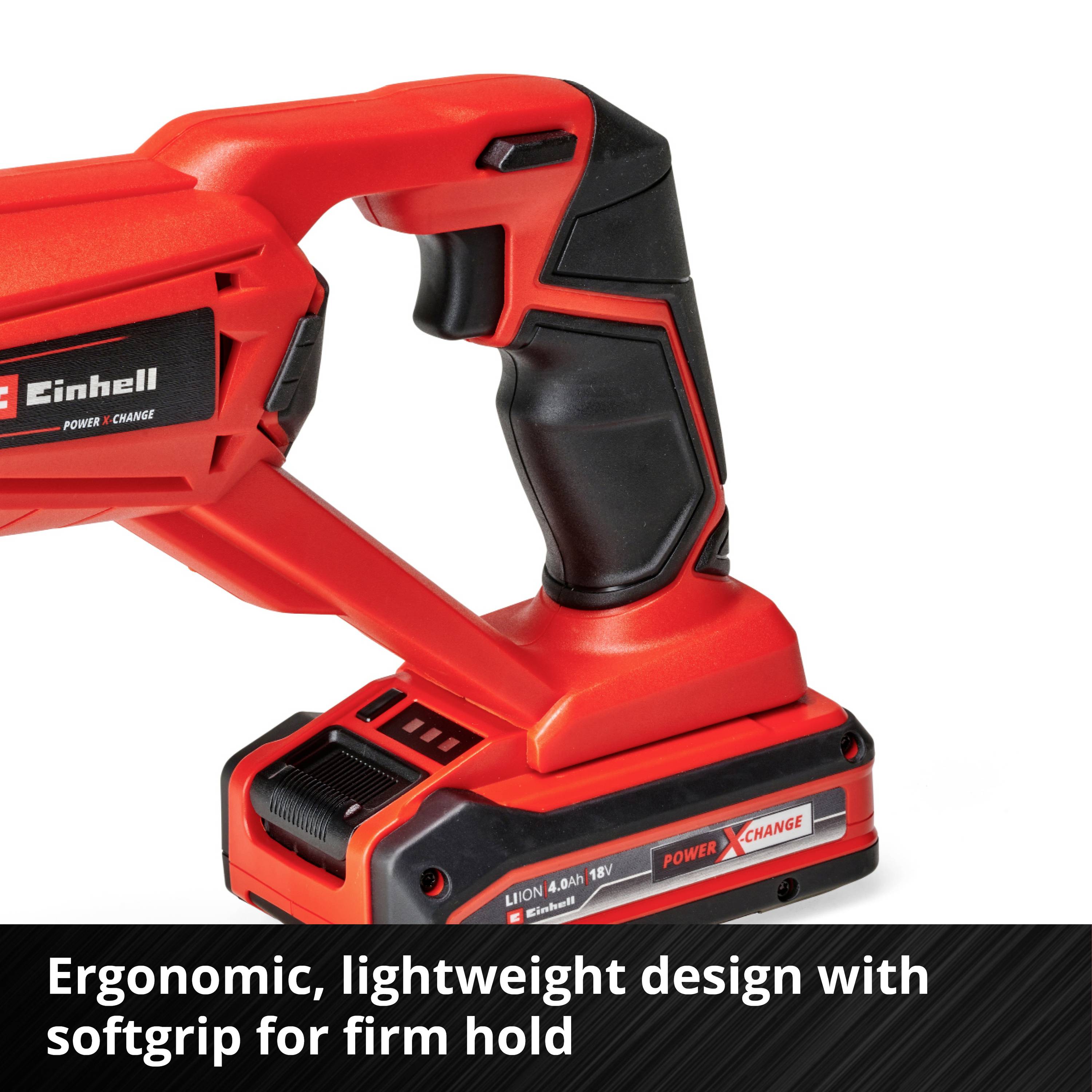 'Einhell' Akumulátorový šroubovák s ergonomickým designem a měkkým úchopem pro pevné uchopení, červeno-černý. Text: 'Ergonomický, lehký design s měkkým úchopem pro pevné uchopení'.