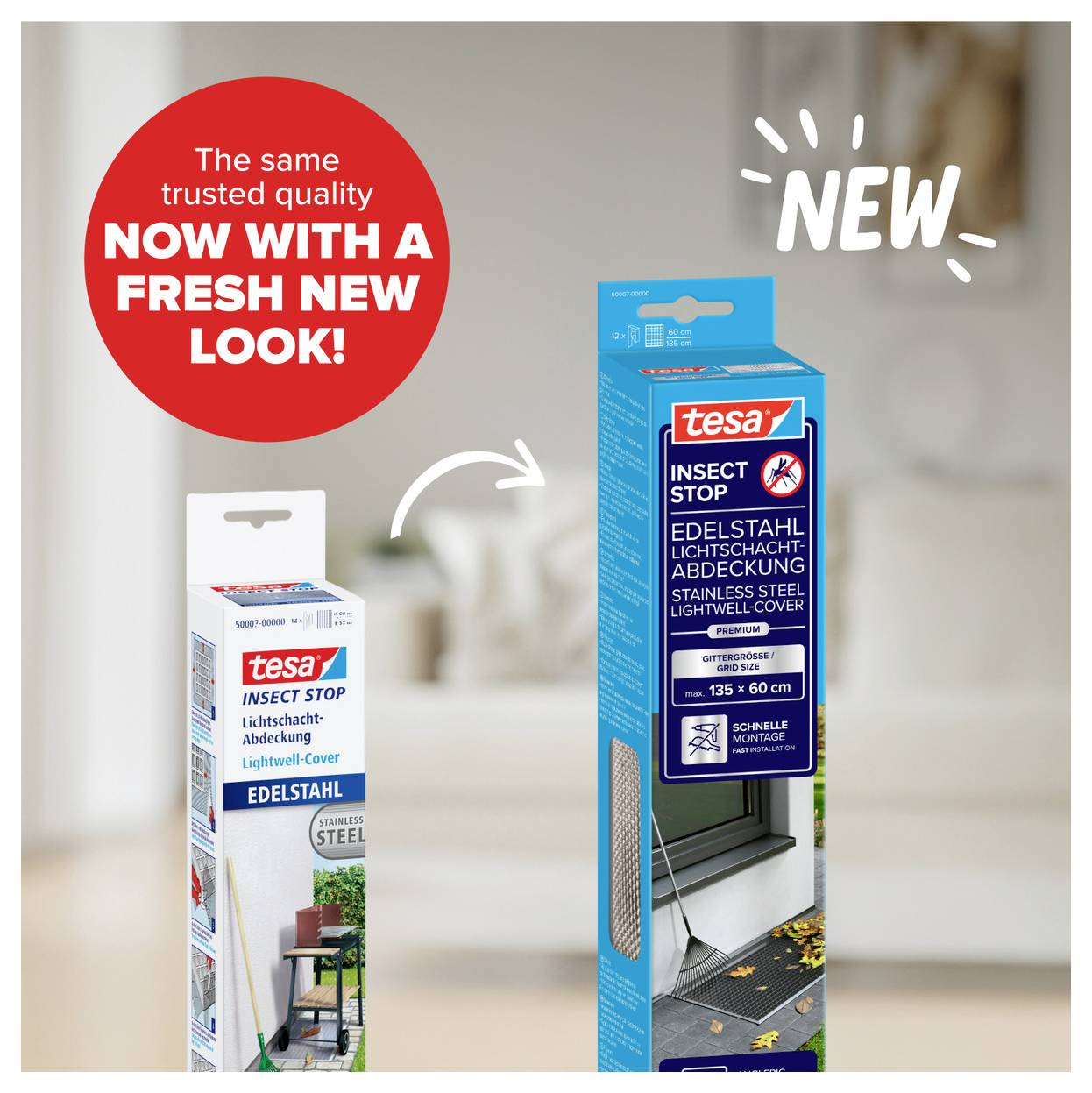 Reklama ukazuje dva obaly tesa ochrana proti hmyzu v porovnání: vlevo starý, vpravo nový design s poznámkou 'NEW' a 'now with a fresh new look'.