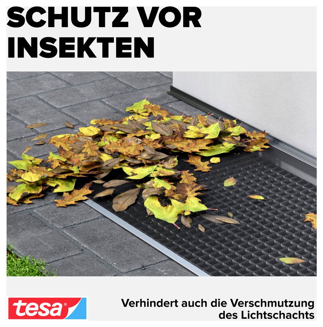Reklamní grafika s textem "Ochrana před hmyzem"; listí leží na rohožce u světlíku a ukazuje ochranu před znečištěním.