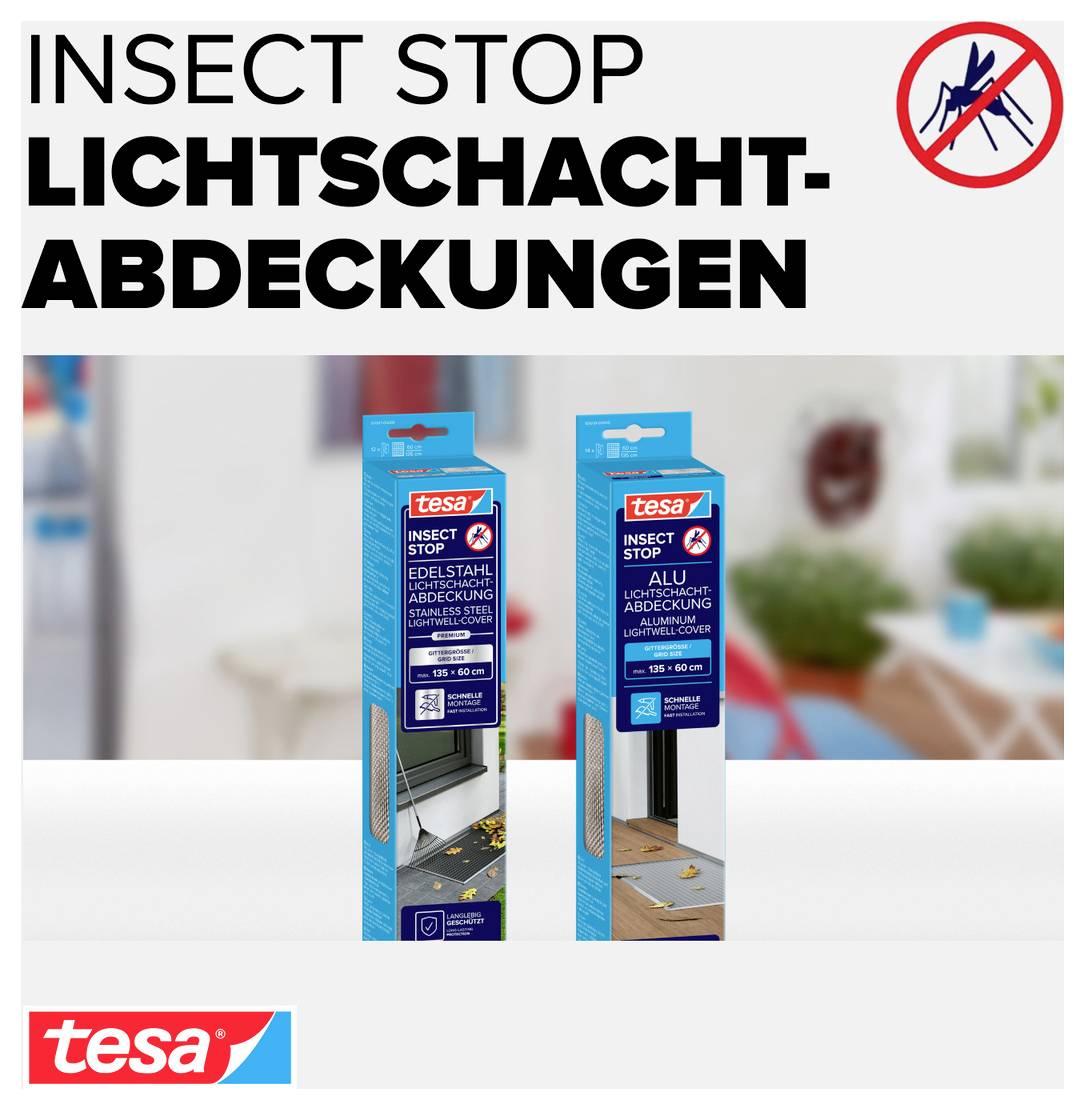 Reklamní grafika pro krytiny světlíků tesa Insect Stop; zobrazuje dvě balení produktu a symbol hmyzu se zákazem pro hmyz ve světlíku.
