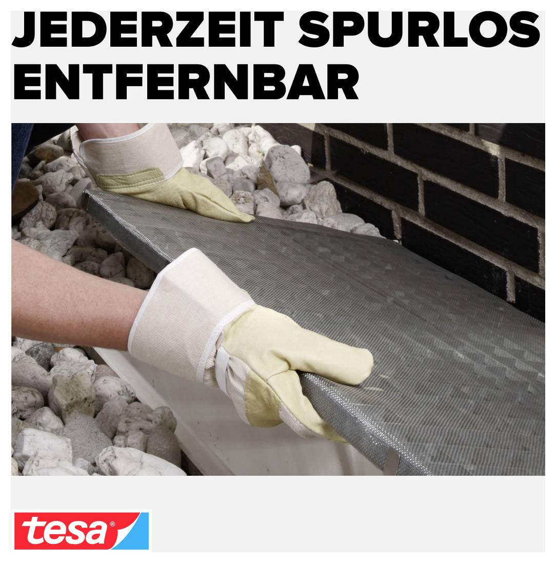 KDYKOLI BEZ STOPY ODSTRANITELNÝ<br><br>(nad fotkou rukavic stahujících lepicí pásku z povrchu; logo tesa dole)