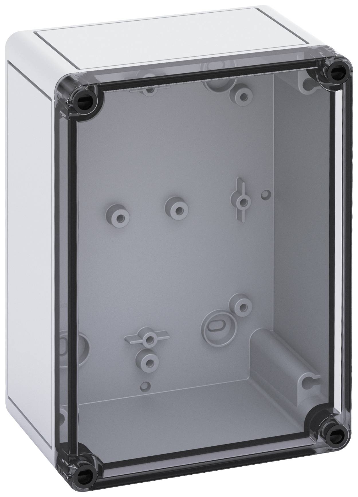 Prázdný šedý plastový instalační box s průhledným krytem, vhodný pro elektrické instalace, obdélníkového tvaru.