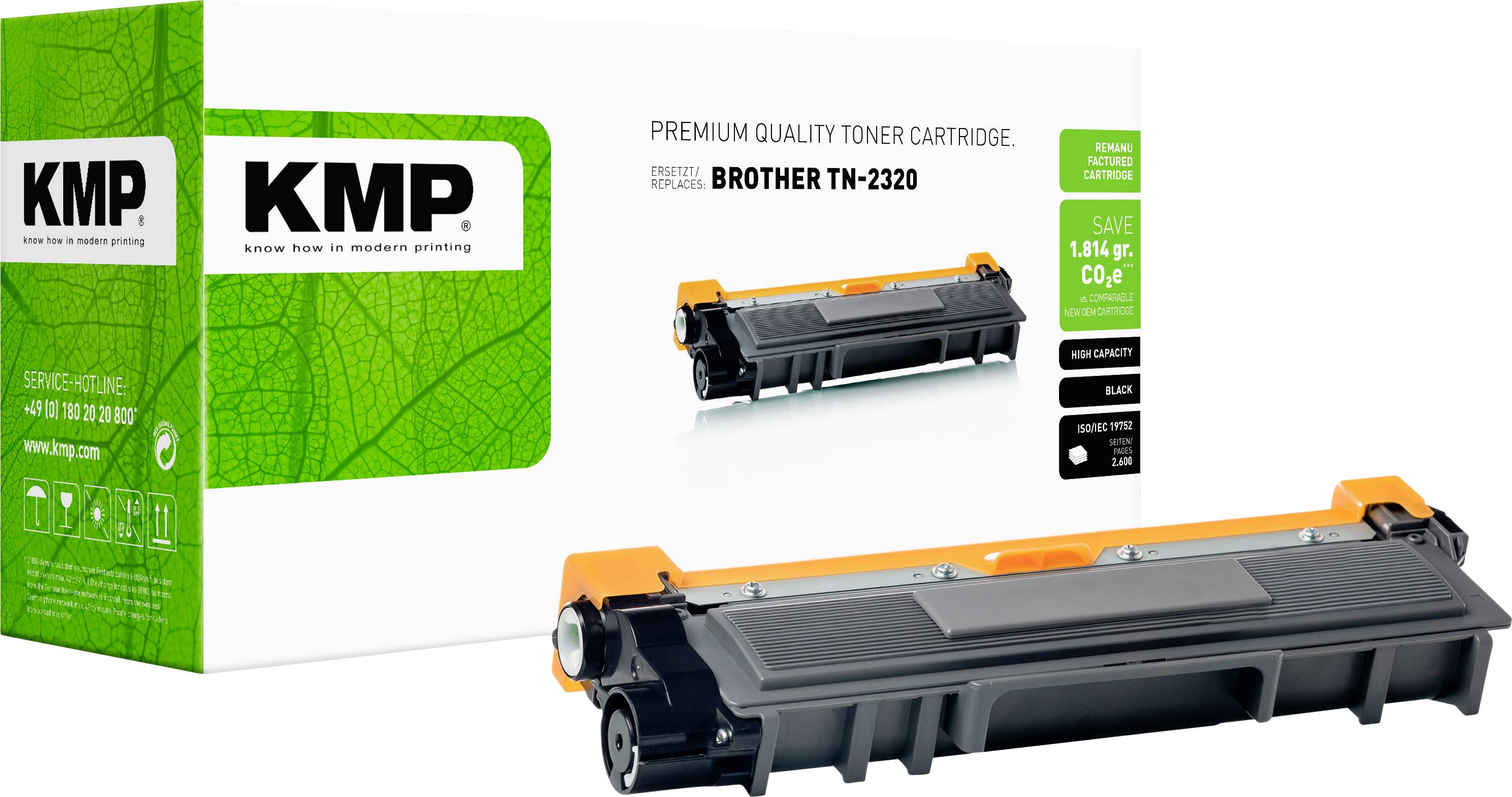 Prémiový toner KMP kompatibilní s Brother TN-2320, zobrazen v zelené krabici s černooranžovou cartridží na bílém pozadí.