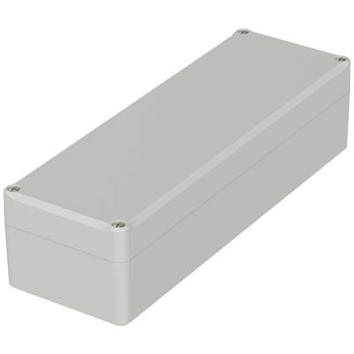 Obdélníkový šedý elektronický kryt se šrouby v každém rohu, vhodný pro ochranu elektrických komponentů před vnějšími vlivy.