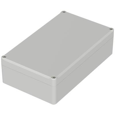 Šedý obdélníkový kryt se zaoblenými rohy a čtyřmi viditelnými šrouby v rozích. Vhodný pro elektronické komponenty.