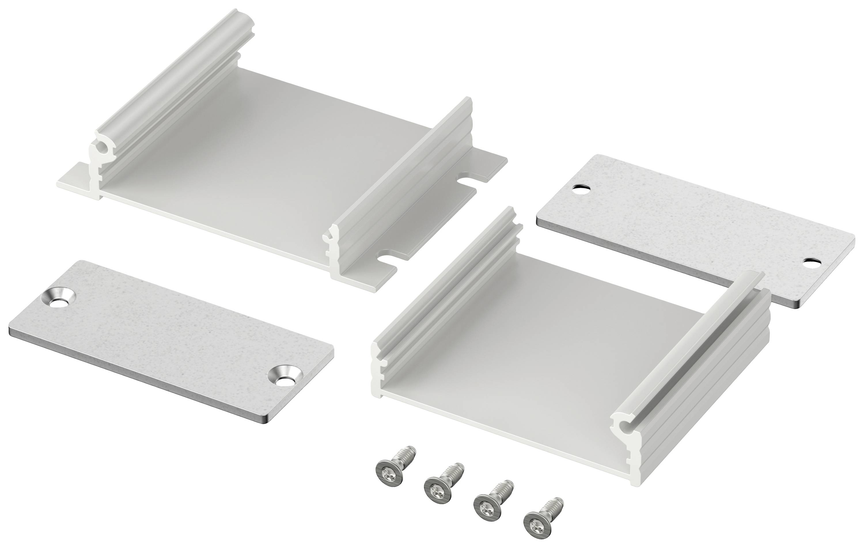 Hliníková montážní sada se dvěma kolejnicemi, dvěma kovovými deskami a čtyřmi šrouby, vhodná pro upevnění solárních modulů.