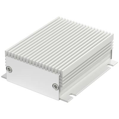 Kovový kryt s chladicími žebry, obdélníkový a šedý. Typicky se používá pro pasivní chlazení elektronických zařízení.
