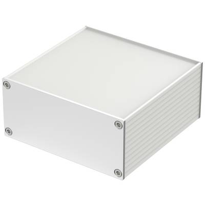Obdélníkový, bílý elektronický kryt s žebrovanými stěnami a čtyřmi viditelnými šrouby v rozích horní plochy.