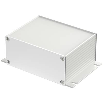 Obdélníkový bílý kovový kryt s žebry a šrouby v rozích. Vypadá to jako elektronické zařízení nebo pouzdro.