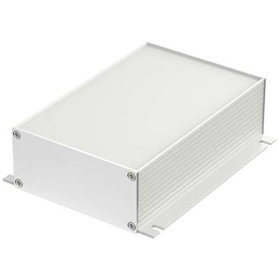 Obdélníkový stříbrný kovový kryt s drážkovanými stranami a šroubovacím upevněním, používaný pro uložení elektronických komponentů.