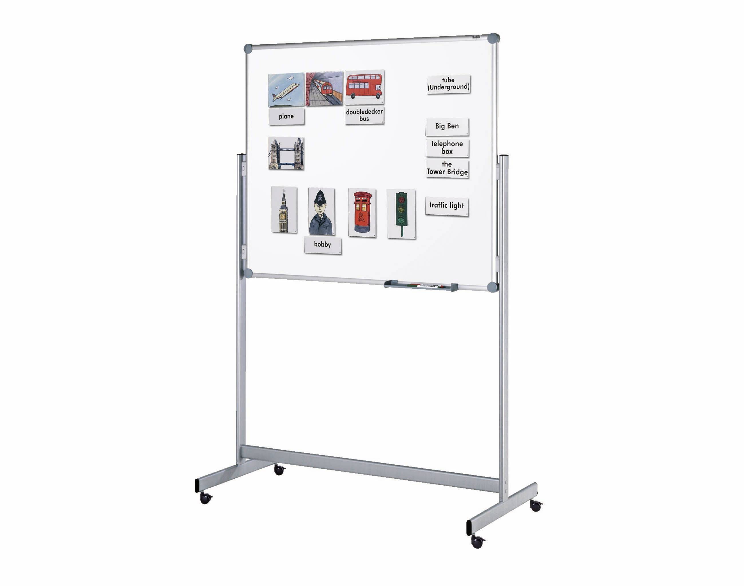 Obrázek zobrazuje mobilní whiteboard na kolečkách. Na desce jsou umístěny malé obrázky a anglická slova jako 'telephone', 'bus' a 'Big Ben'.