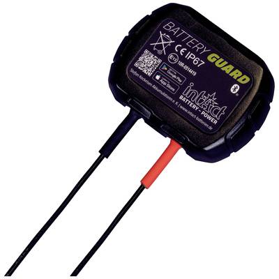 Černé zařízení s nápisem 'BATTERY GUARD', třídy krytí IP67, symbolem Bluetooth a dvěma vyčnívajícími kabely pro údržbu baterie.