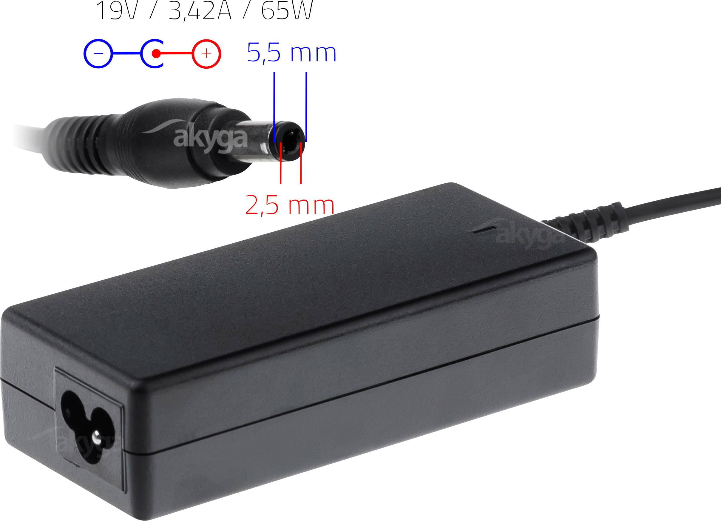 Černá nabíječka na notebook s vyobrazeným konektorem. Na grafice jsou vyznačeny průměry konektorů 5,5 mm a 2,5 mm. Elektrické parametry: 19V / 3,42A / 65W.