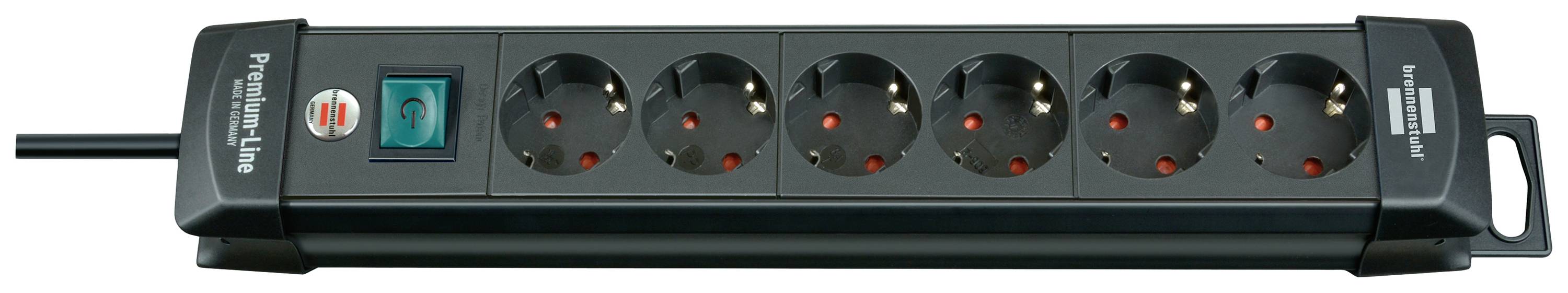 Černá rozvodná lišta se šesti zásuvkami a vypínačem, vhodná pro připojení několika elektrických zařízení.