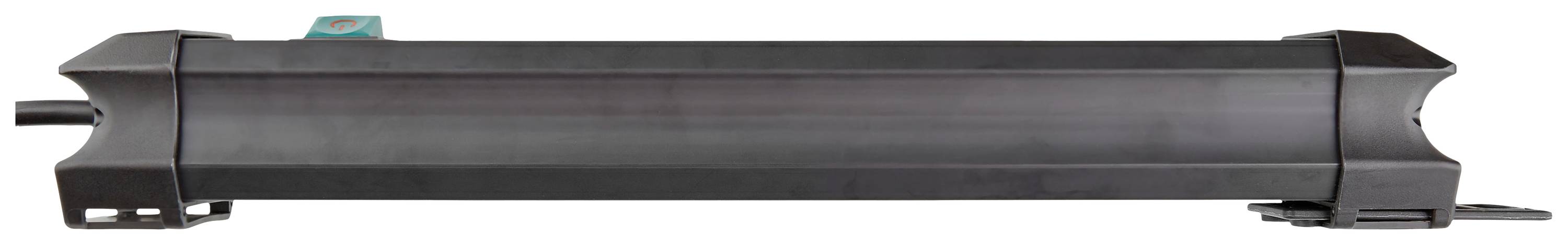 Černé, obdélníkové zařízení s kabelem, pravděpodobně elektronický doplněk. Je umístěno vodorovně.