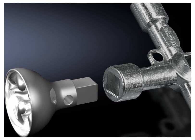 Detail žárovkové objímky a ventilu před tmavým pozadím.