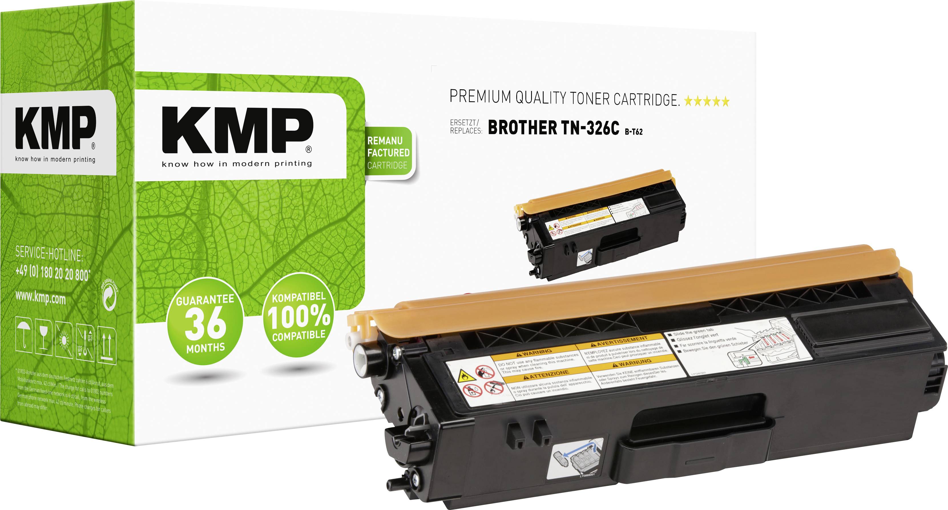 Tonerová kazeta KMP pro 'BROTHER TN-326C', kompatibilní, 36 měsíců záruka, 100% recyklovatelná, zelené listy v pozadí.