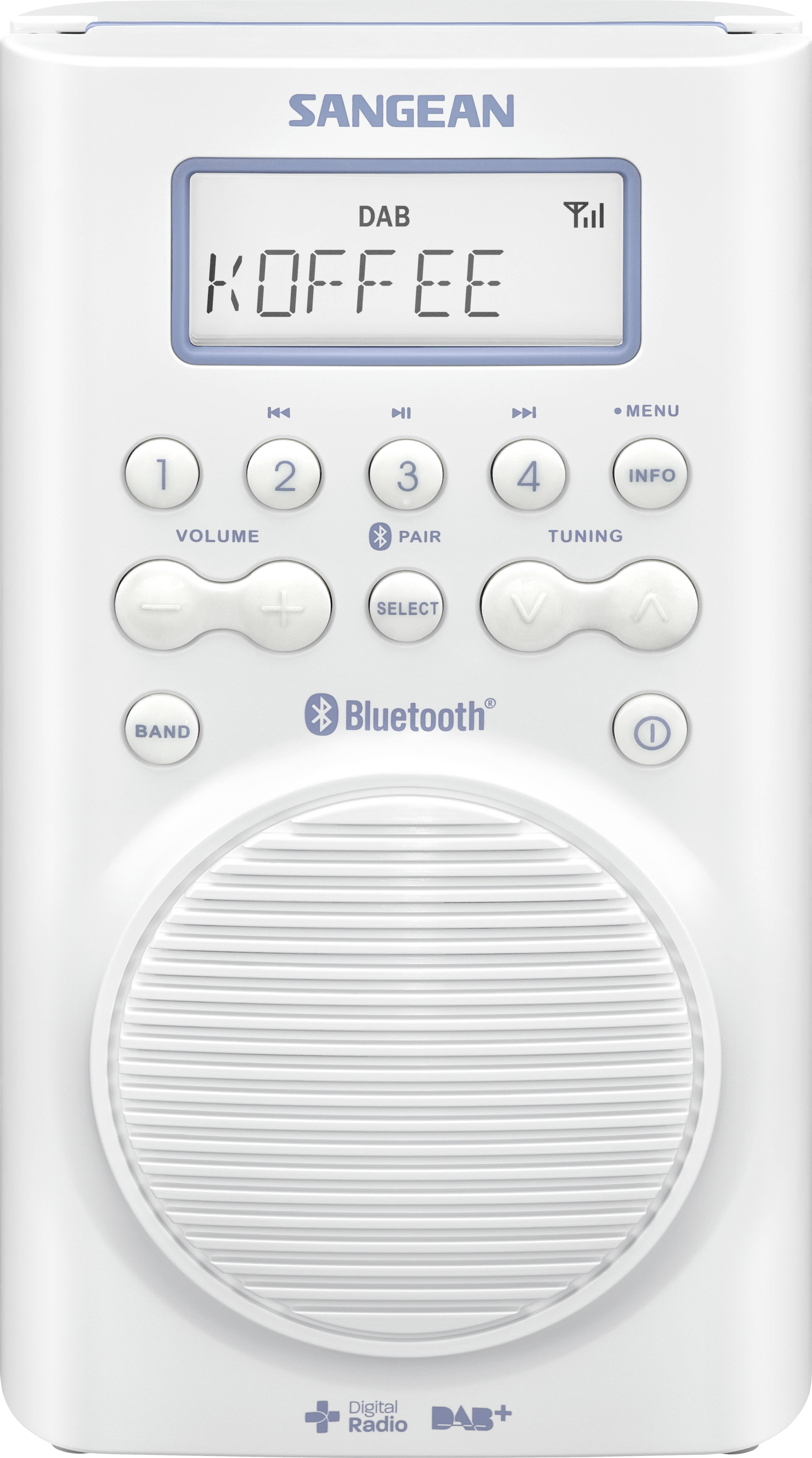 Přenosné digitální rádio s funkcí Bluetooth. Na displeji je nápis 'KOFFEE', obklopený ovládacími tlačítky pro hlasitost a ladění.