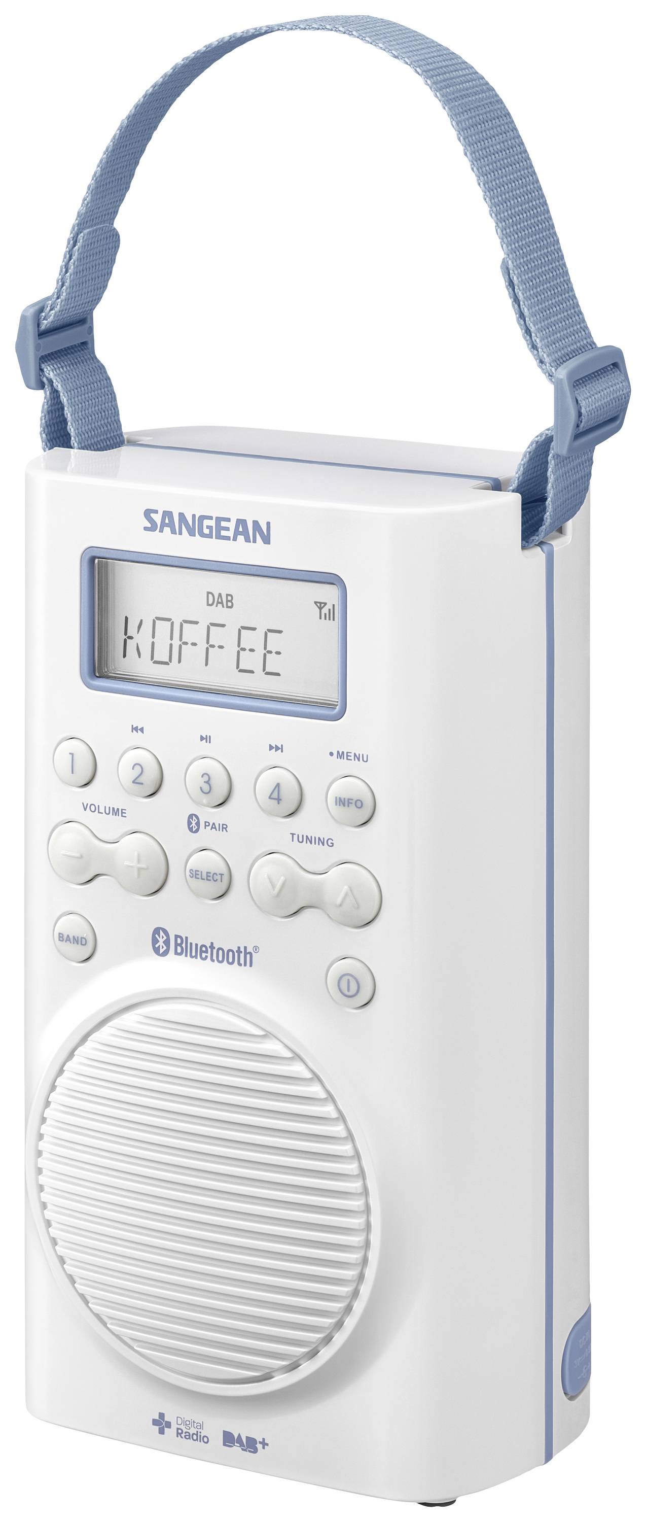 Přenosný rádio s popruhem, na displeji zobrazuje 'KOFFEE'. Obsahuje tlačítka pro hlasitost, výběr stanice, Bluetooth a zapnutí/vypnutí.