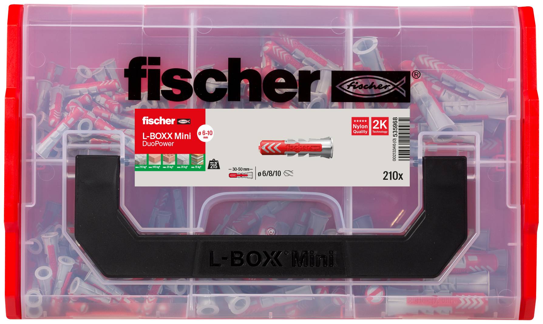 Průhledný červený Fischer L-BOXX Mini box vyplněný červeno-šedými hmoždinkami, označený „fischer L-BOXX Mini DuoPower" a „210x".