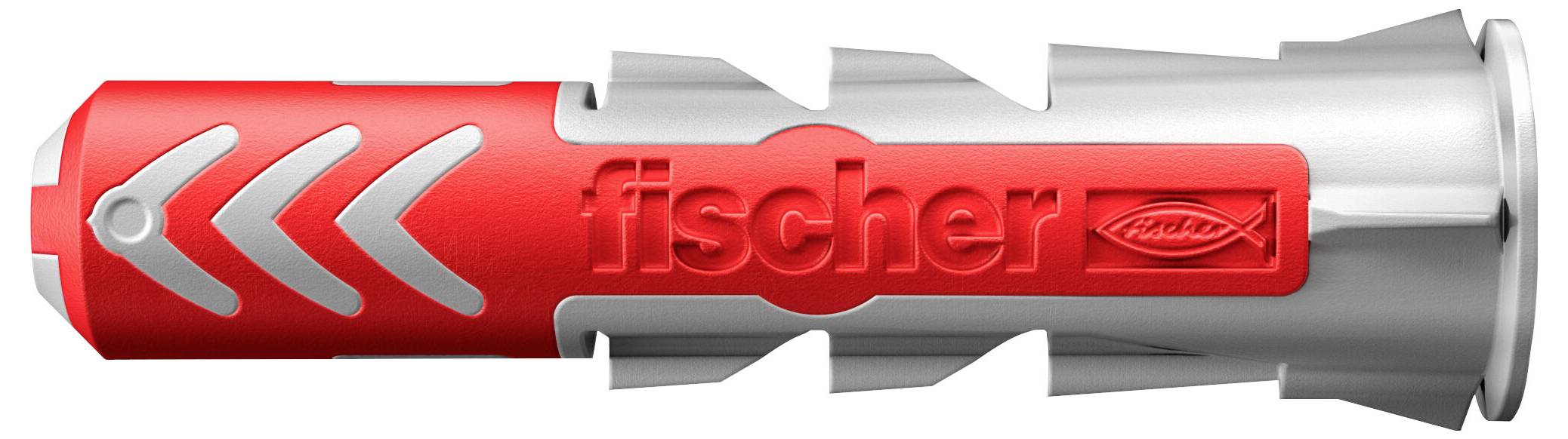 Červený a šedý hmoždinkovací šroub Fischer s chevronovým designem, používaný pro upevňování šroubů do zdiva a sádrokartonových desek.