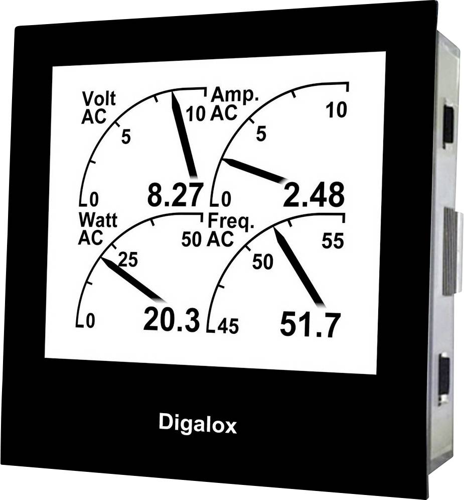 Digitální měřicí přístroj zobrazuje hodnoty napětí, proudu, výkonu a frekvence s následujícími údaji: 'Volt AC 8,27', 'Amp AC 2,48', 'Watt AC 20,3', 'Freq. 51,7'.