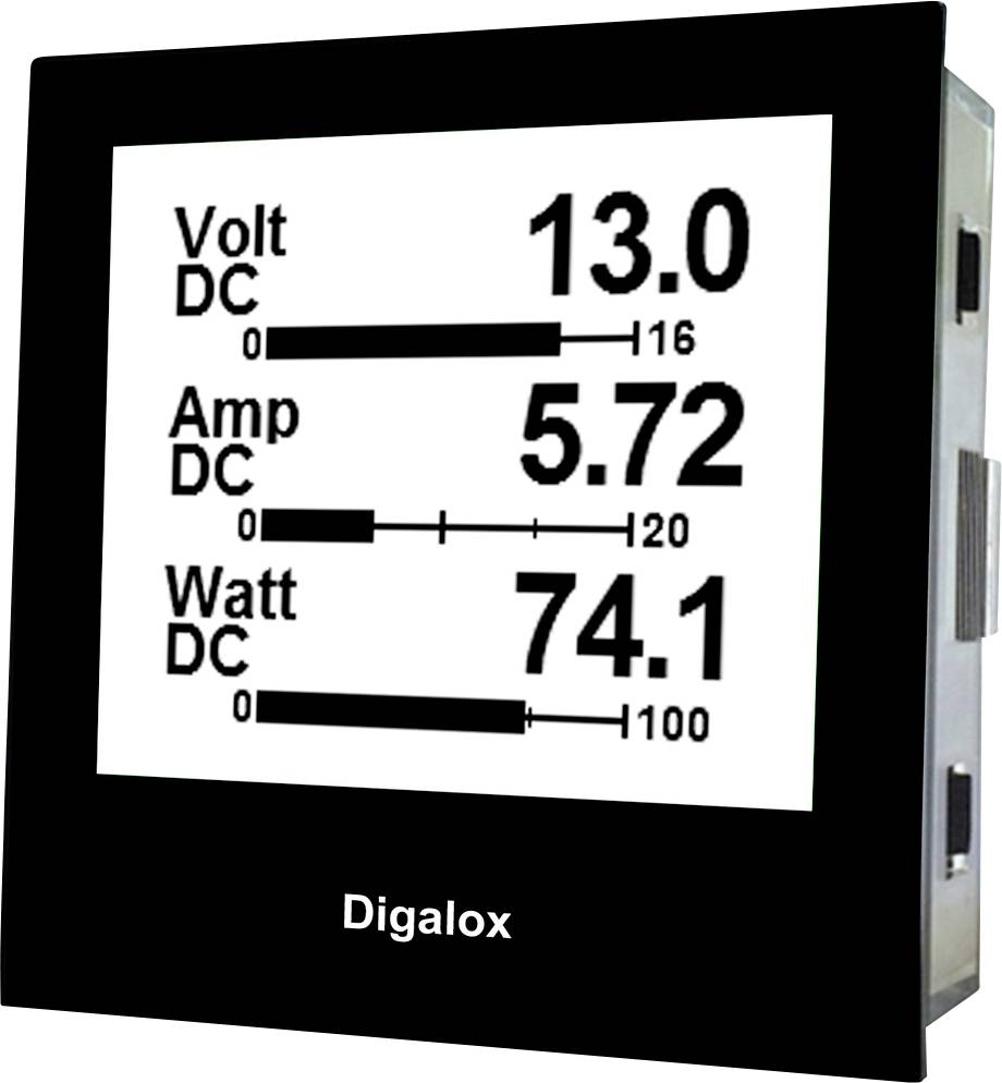 Digitální displej s naměřenými hodnotami: 'Volt DC: 13,0', 'Amp DC: 5,72', 'Watt DC: 74,1'. Sloupcové grafy zobrazují stupnice pro každou hodnotu.